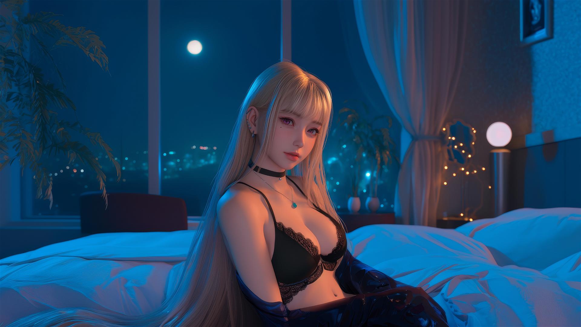Marin Kitagawa sitting on a hotel bed with moonlight illuminating her, blonde hair tipped with pinkish-red or citrus orange, pinkish eyes.