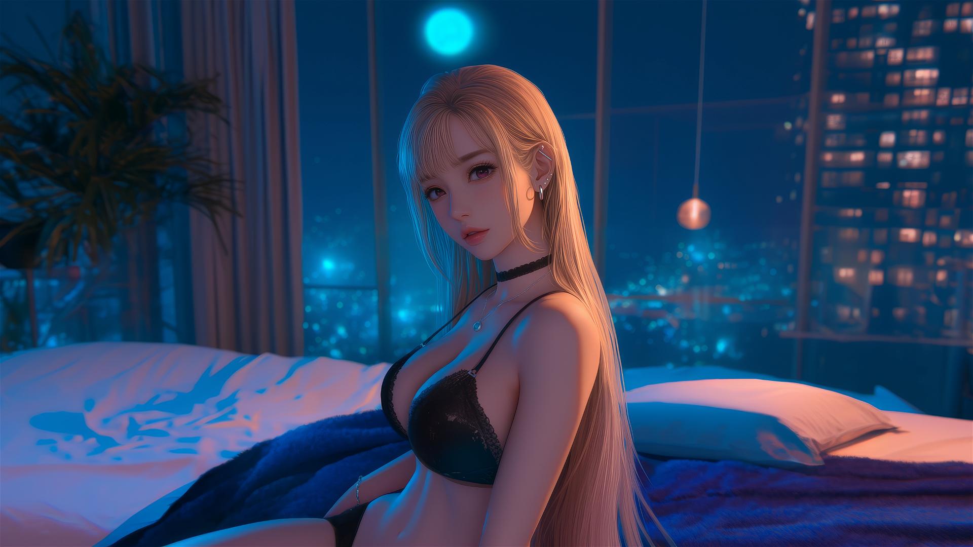 Marin Kitagawa in a hotel room illuminated by moonlight, with blonde hair tipped in pink-orange and pinkish eyes.