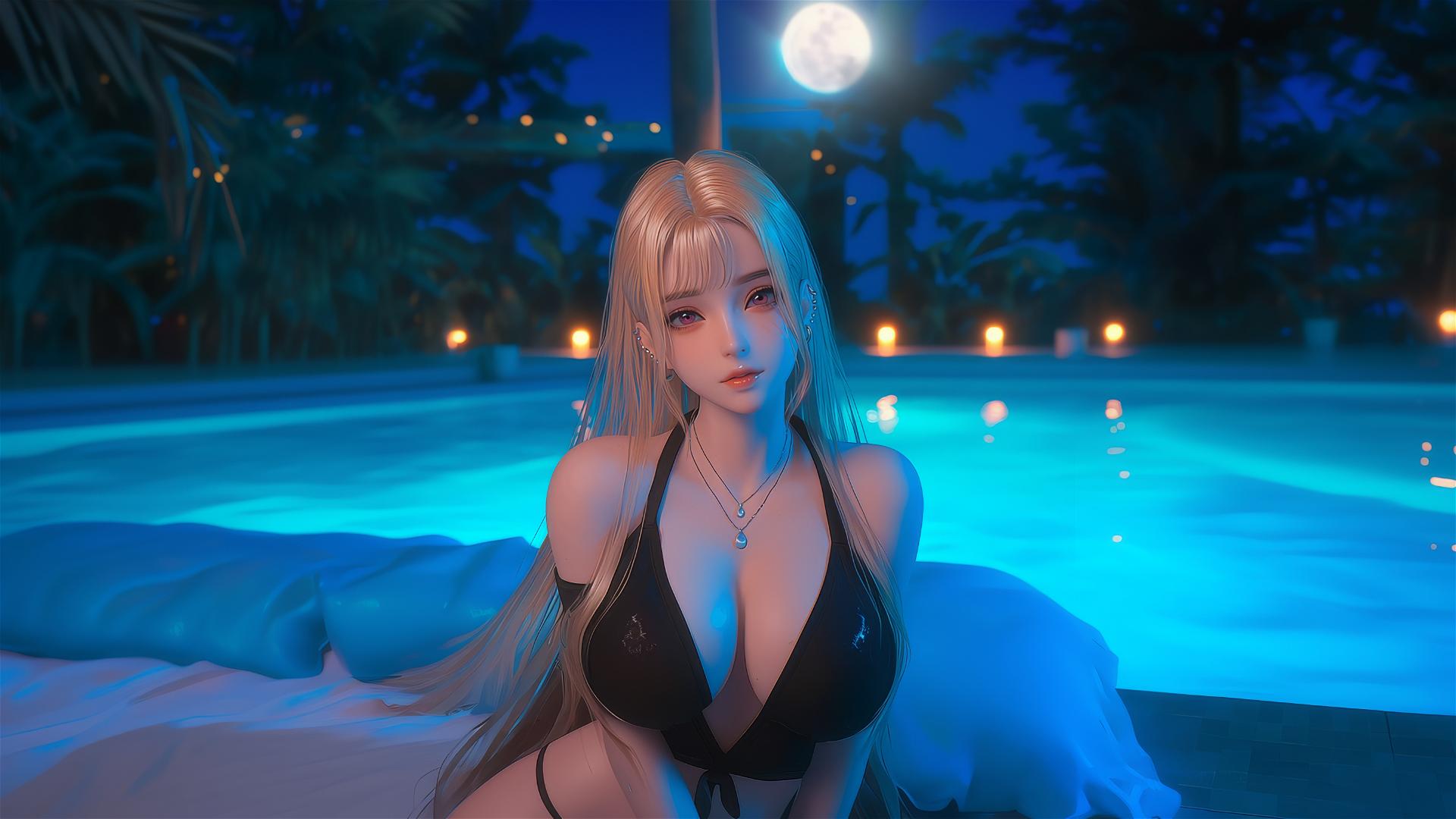 Marin Kitagawa sitting at a hotel bed, moonlight glowing on her, silky blonde hair, pinkish-red tips, pinkish eyes.