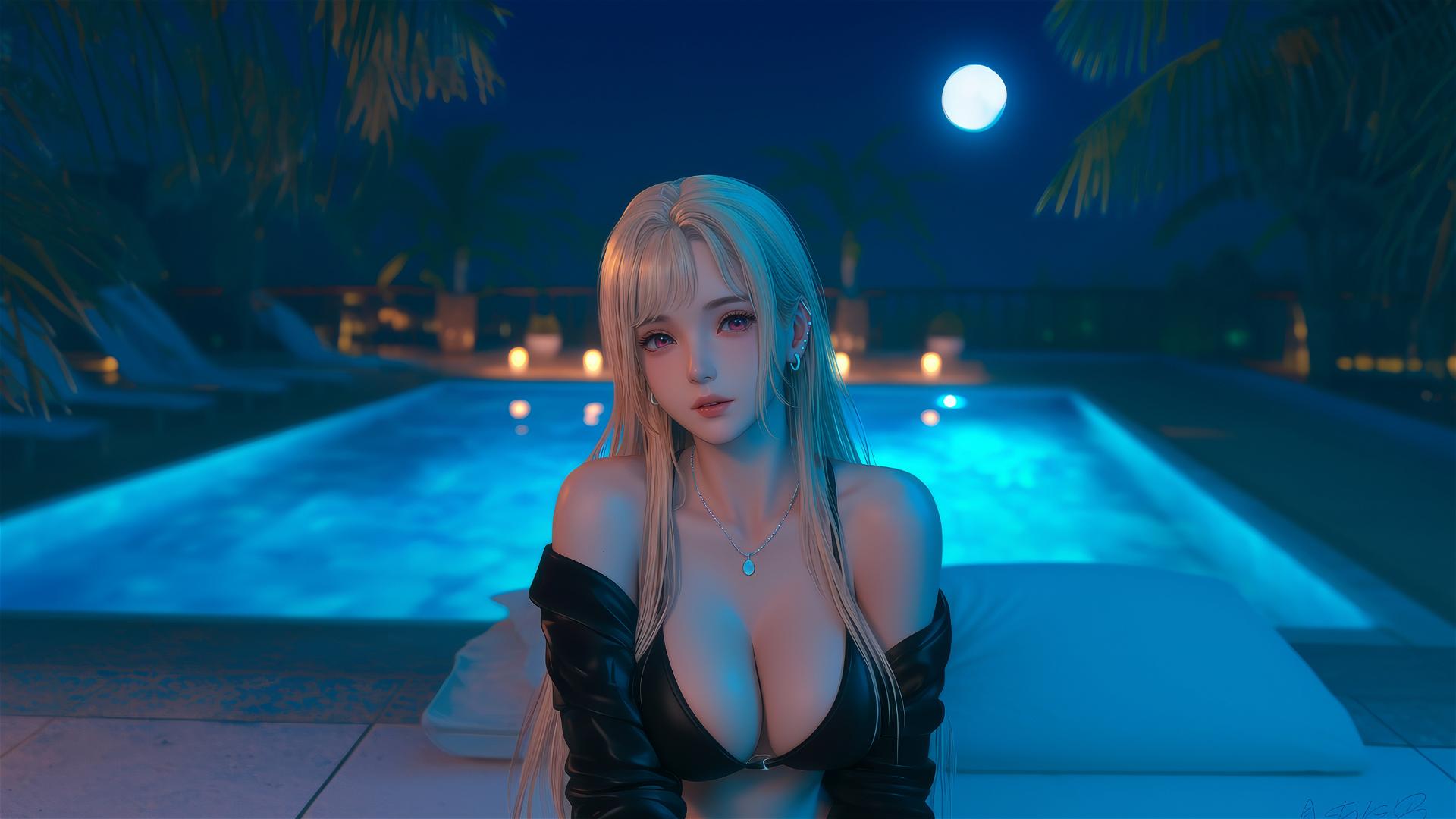Marin Kitagawa with blonde and pinkish-red hair sitting on a hotel bed, moonlit.