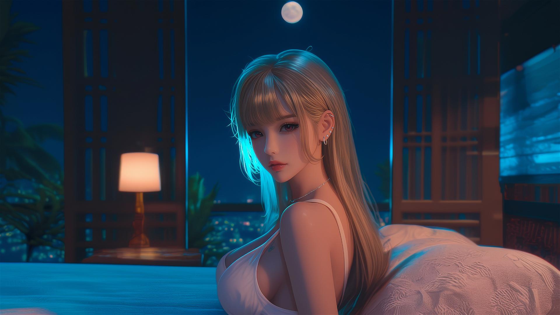 Marin Kitagawa sitting on hotel bed under moonlight with silky blonde hair and pink tips.
