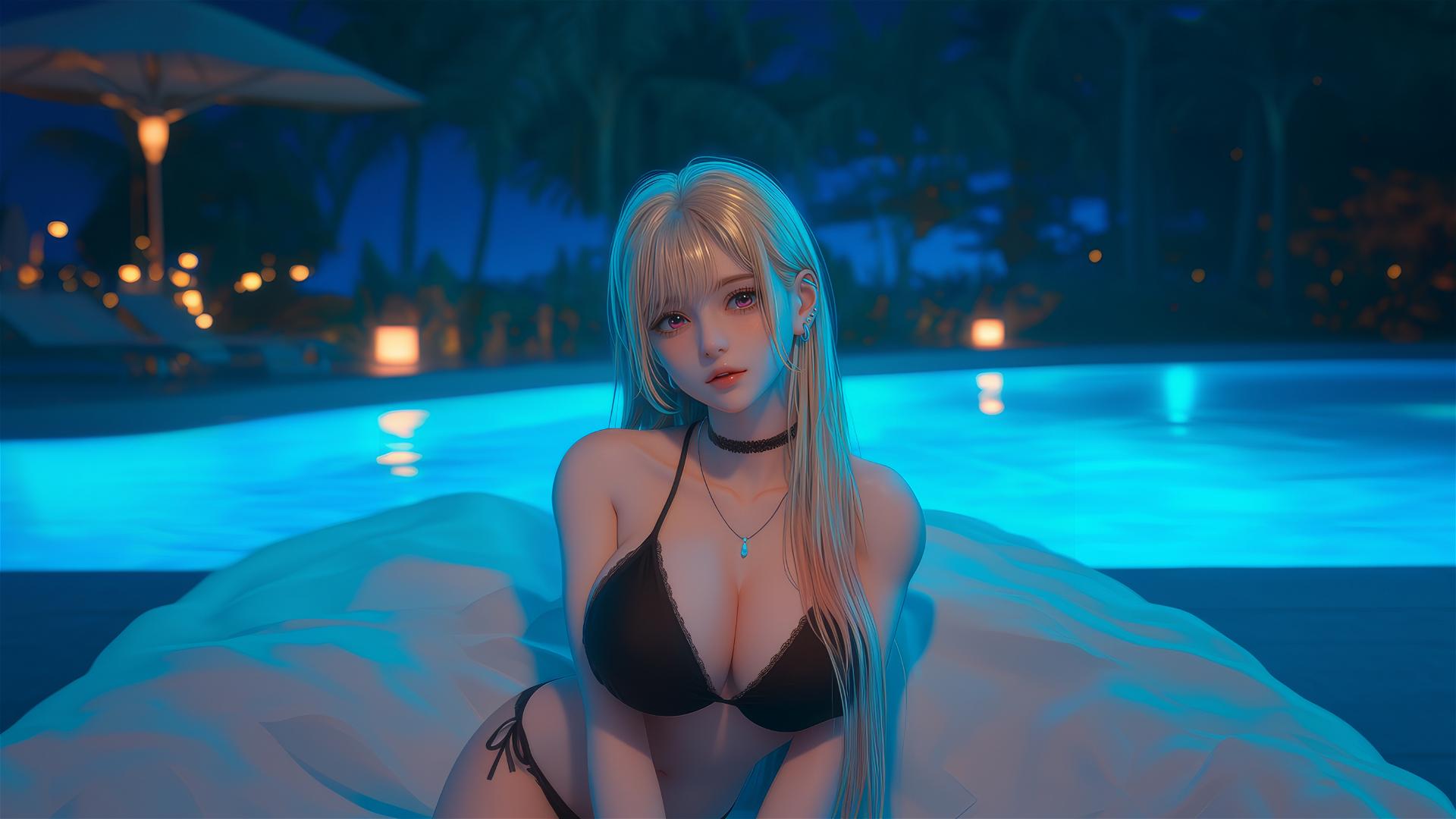 Marin Kitagawa sitting on a hotel bed with moonlight casting a glow