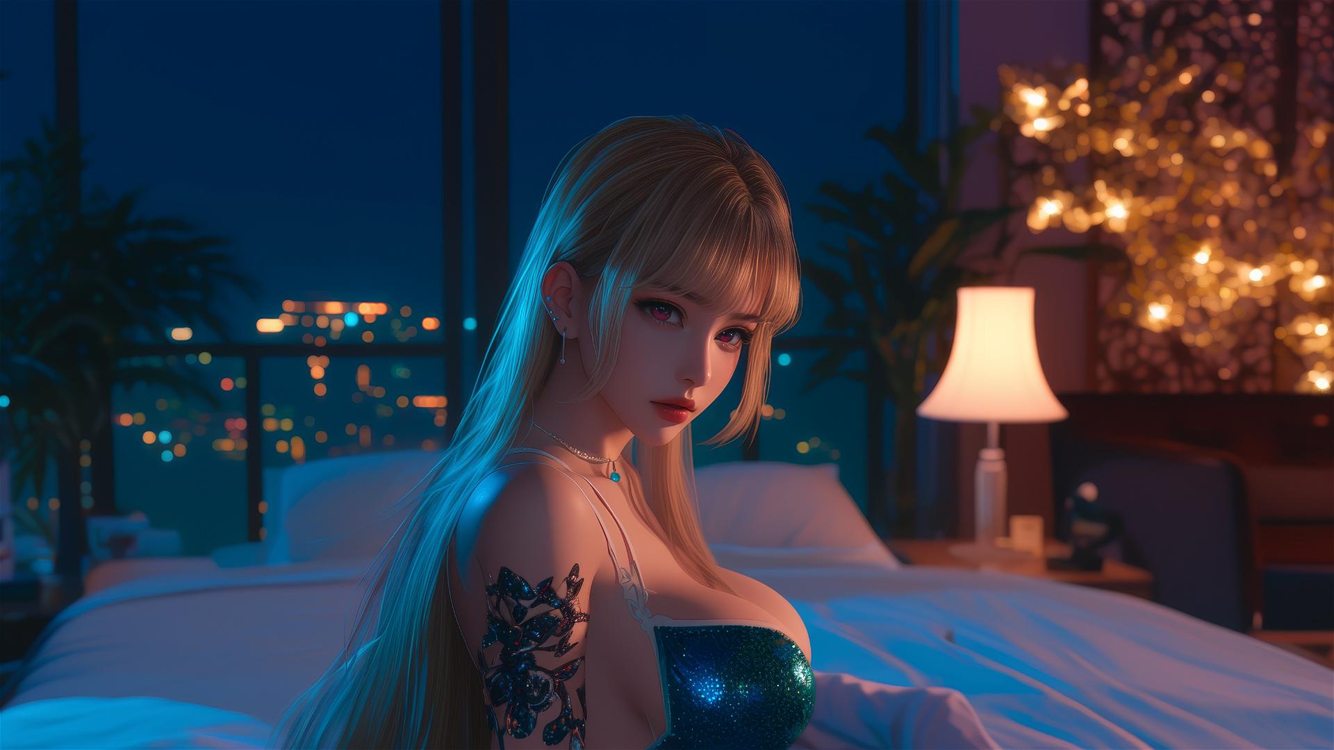 Marin Kitagawa sitting on hotel bed illuminated by moonlight, with silky blonde hair tipped with pinkish-red or citrus orange.