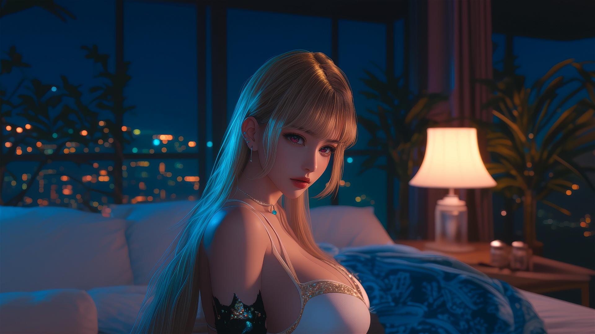 Marin Kitagawa from Kurikami City sitting on a hotel bed with moonlight.