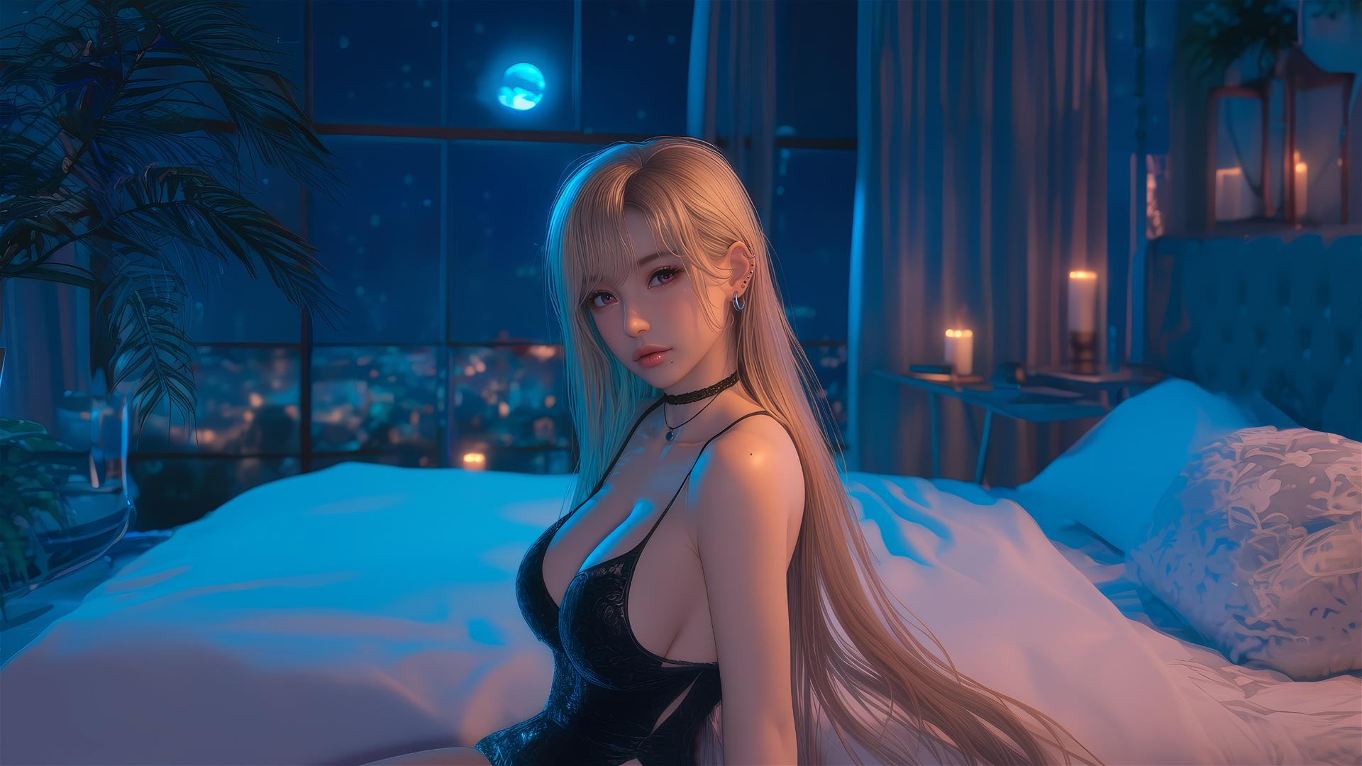 Marin Kitagawa sitting on hotel bed bathed in moonlight