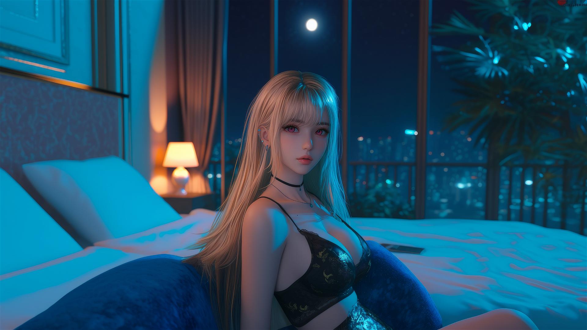 Marin Kitagawa sitting on a hotel bed, illuminated by moonlight, with silky blonde hair tipped in pinkish-red and pinkish eyes.