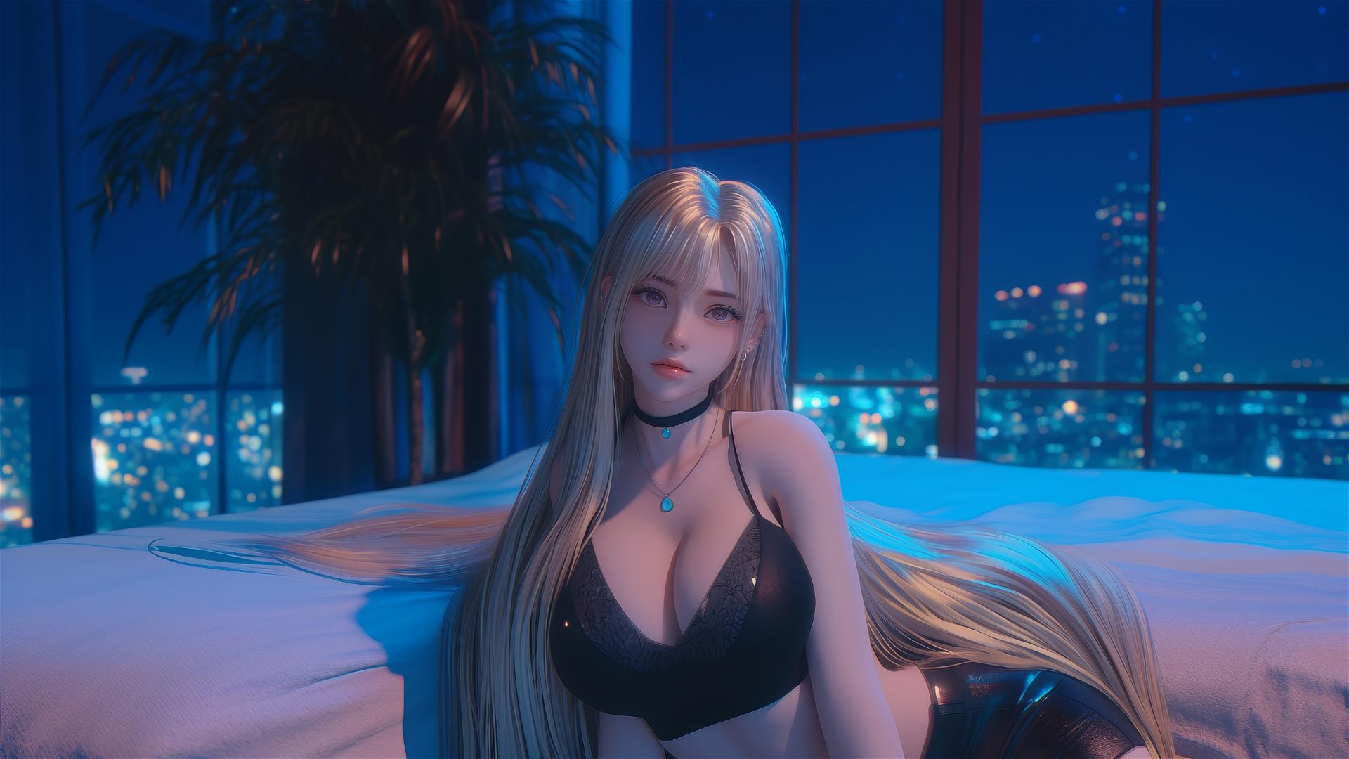Marin Kitagawa sitting on a hotel bed with moonlight, pinkish eyes, blonde hair.