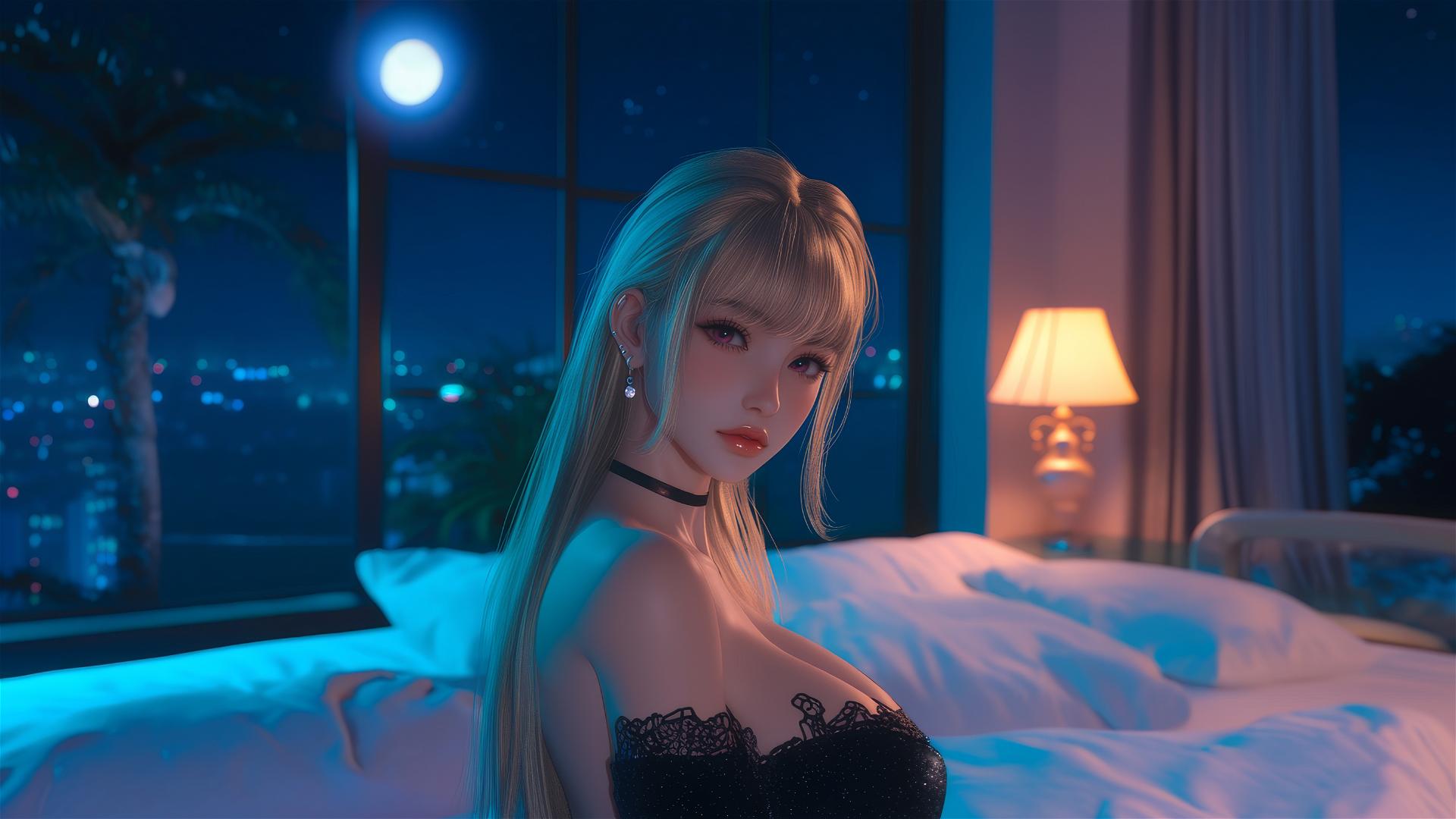 Marin Kitagawa from Kurikami City sitting on a hotel bed with moonlight glow