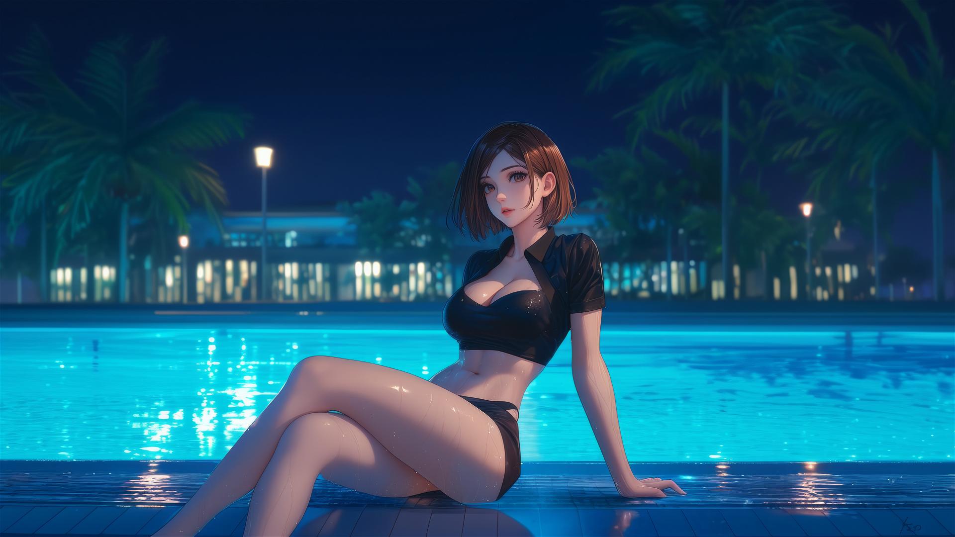 Nobara Kugisaki resting by a rainy swimming pool under moonlight