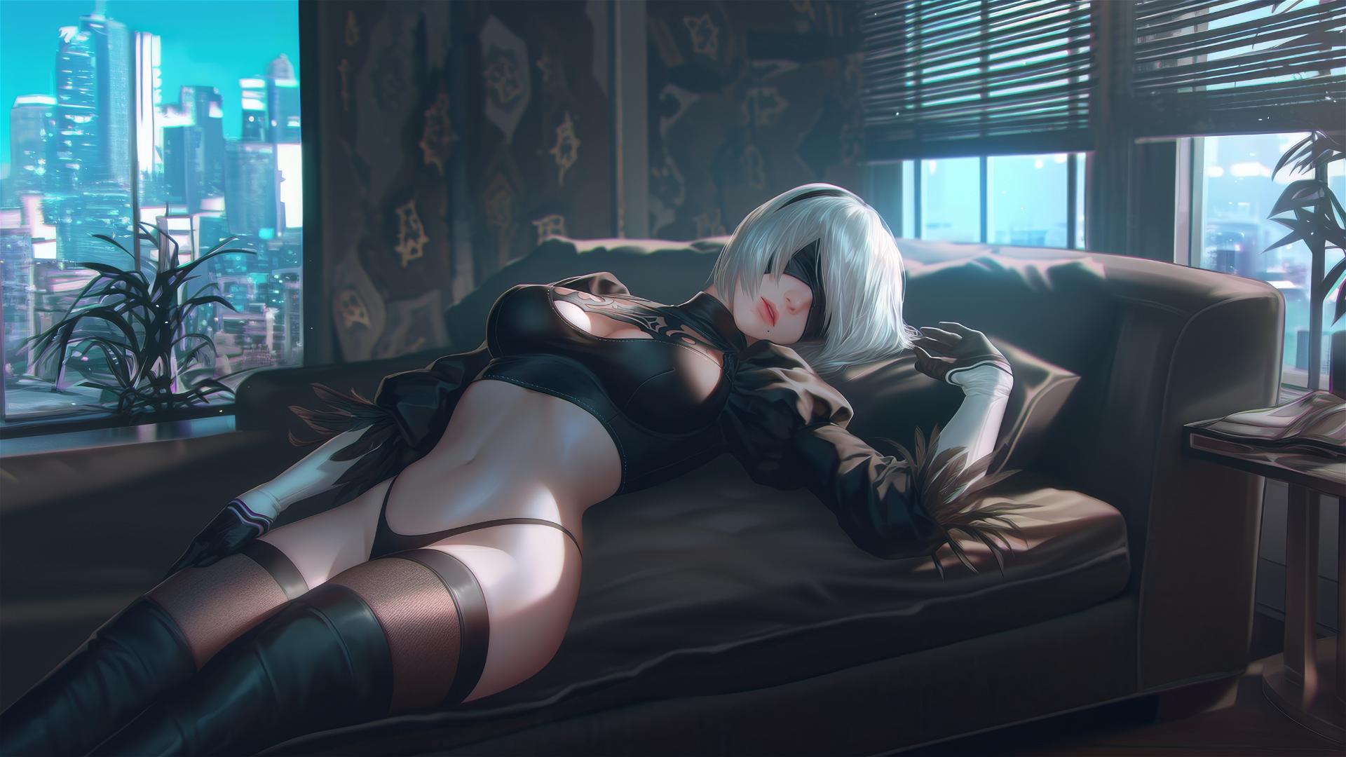 2B from Nier resting in a modern hotel room with soft moonlight glow