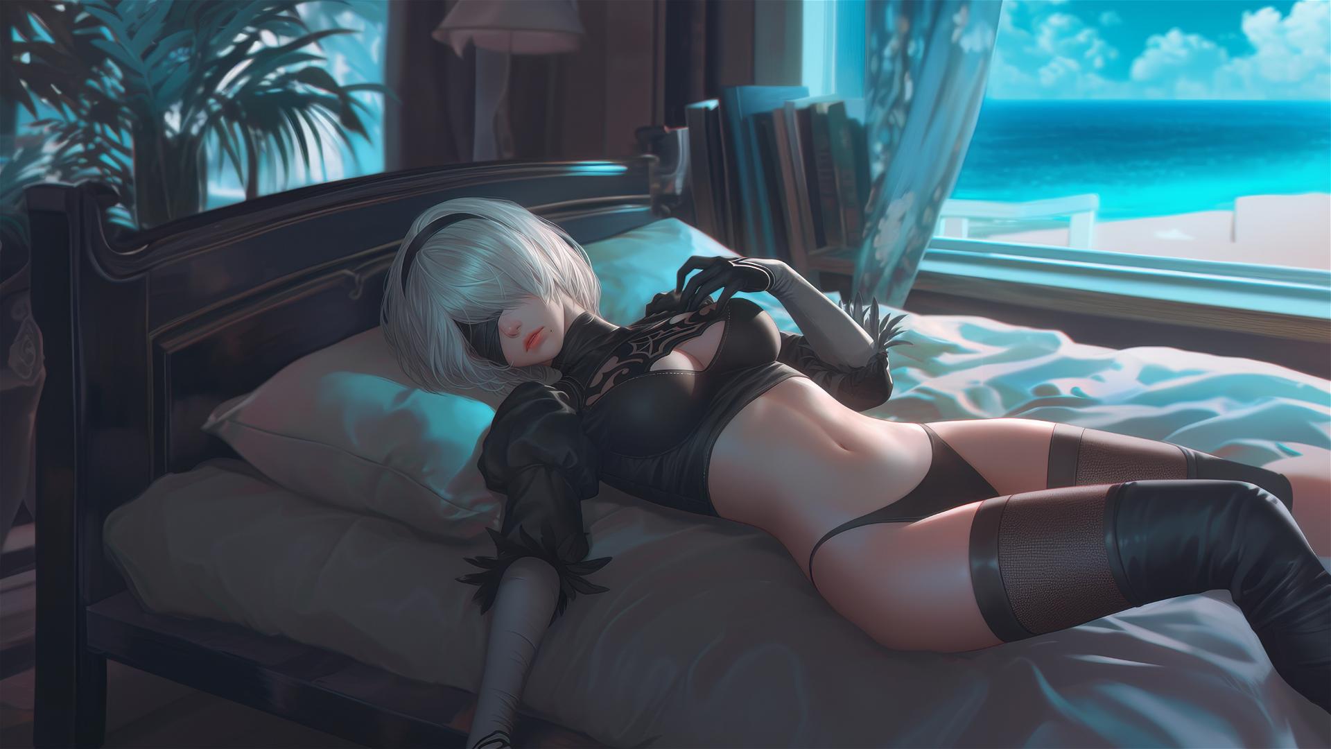 2B from Nier resting in a modern hotel room with moonlight glow
