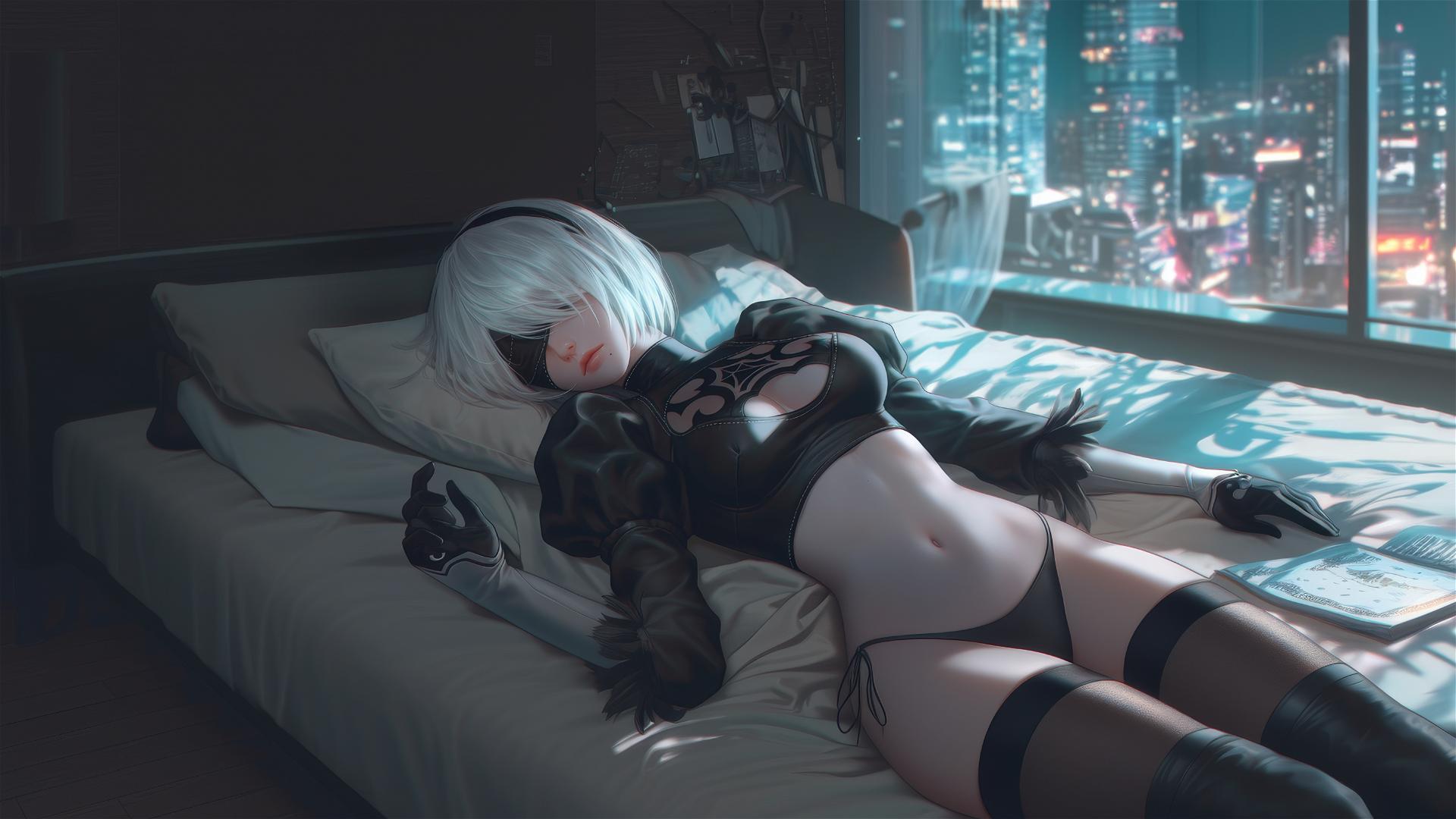 2B from Nier resting in a modern hotel room under moonlight