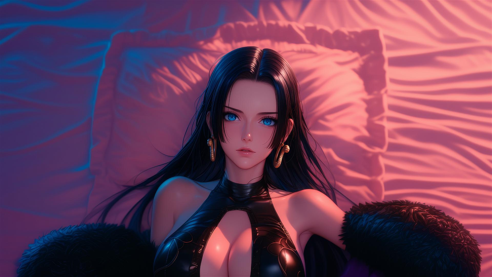 Boa Hancock from One Piece in bed, wearing black and pink leather in neon colors.