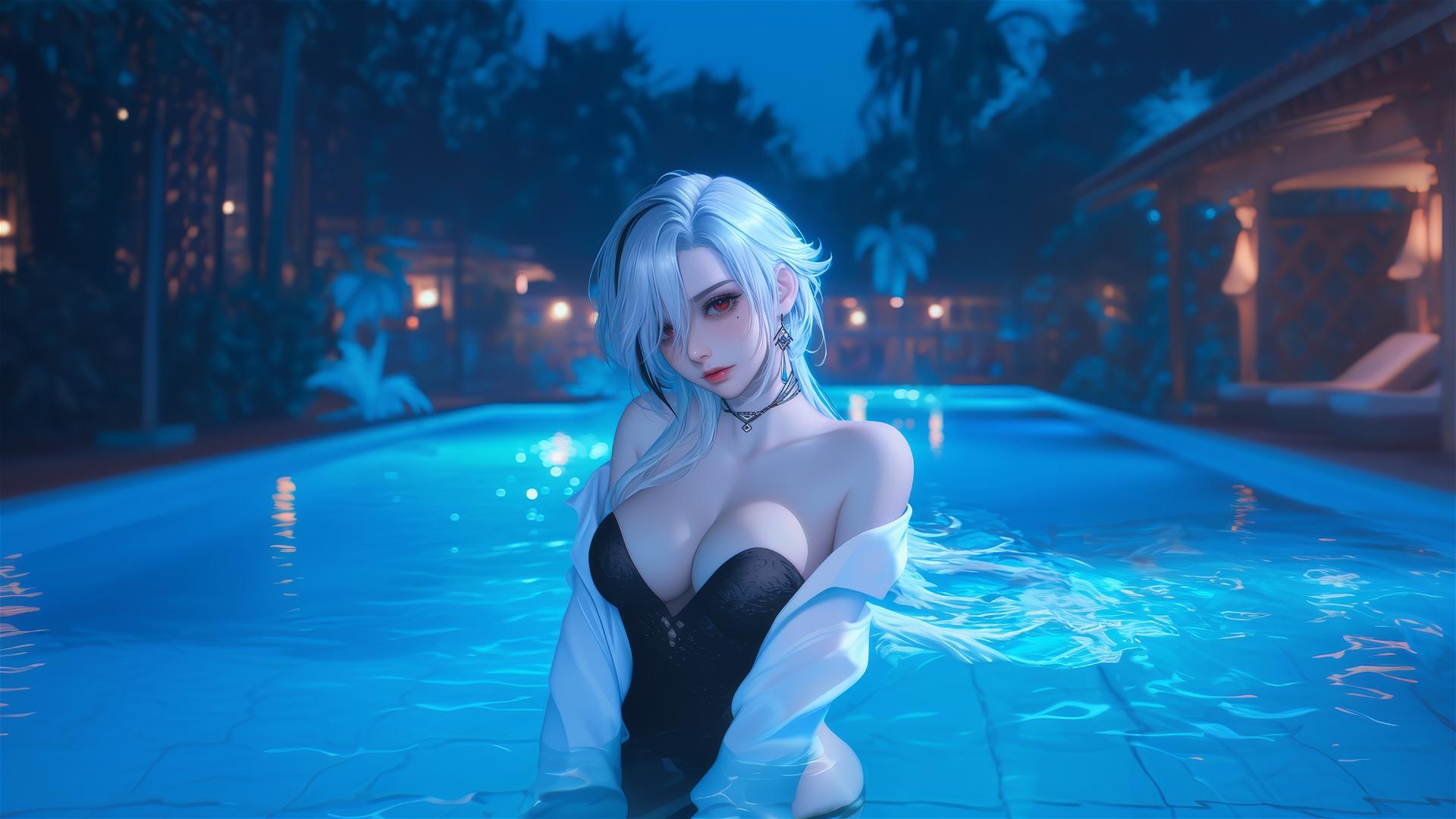 Arlecchino from Genshin Impact resting by a swimming pool under moonlight.