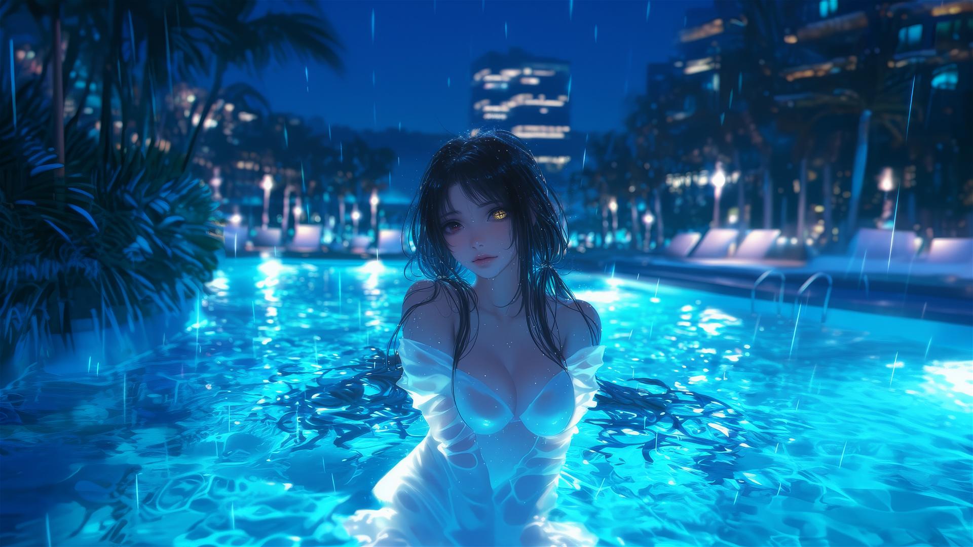 Kurumi Tokisaki from Date A Live stands in a rainy swimming pool, moonlit, with heterochromatic eyes.