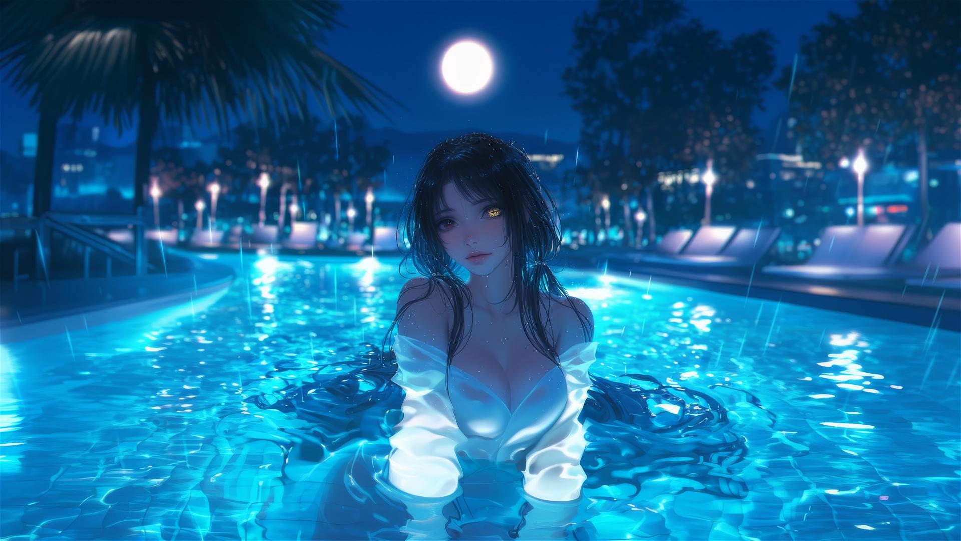 Kurumi Tokisaki standing in a rainy pool under moonlight, wearing a white dress, with one red and one yellow eye.
