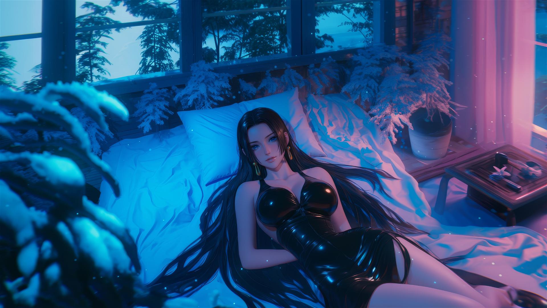 High angle of Boa Hancock in bed with black and pink leather, neon colors, pink background