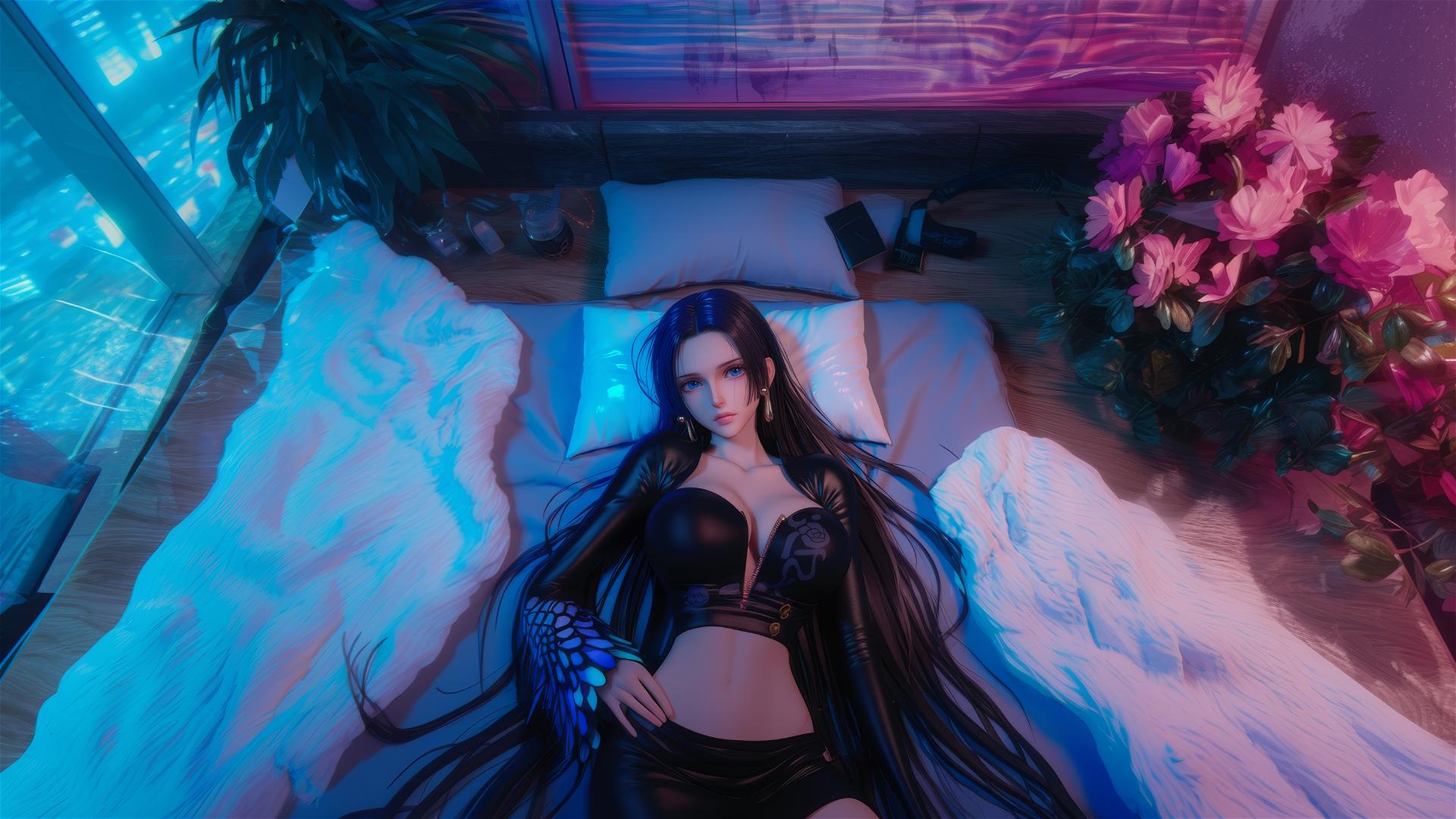 Boa Hancock in bed, neon pink and black attire, high contrast