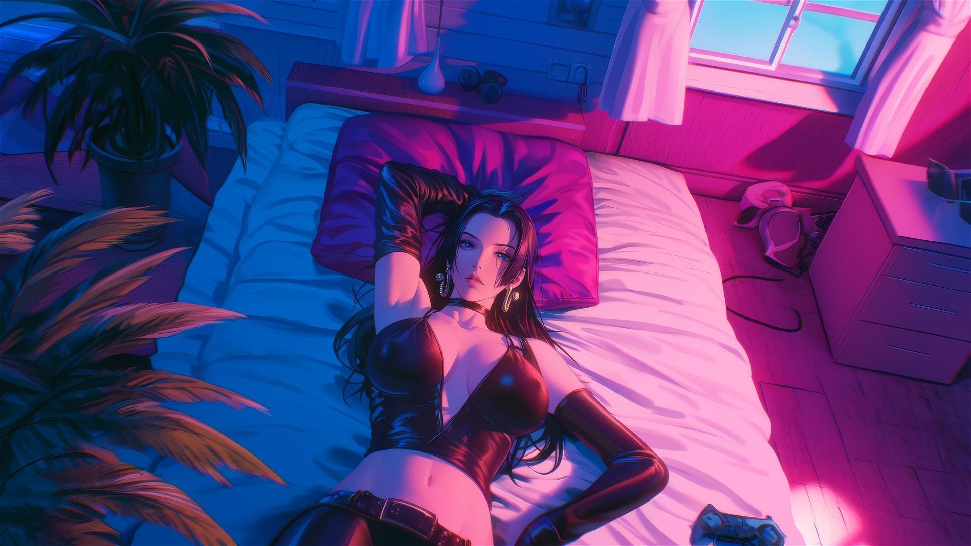 High angle of Boa Hancock from One Piece in bed, wearing black and pink leather, neon colors, pink background, high contrast, anime style, hyper realistic.
