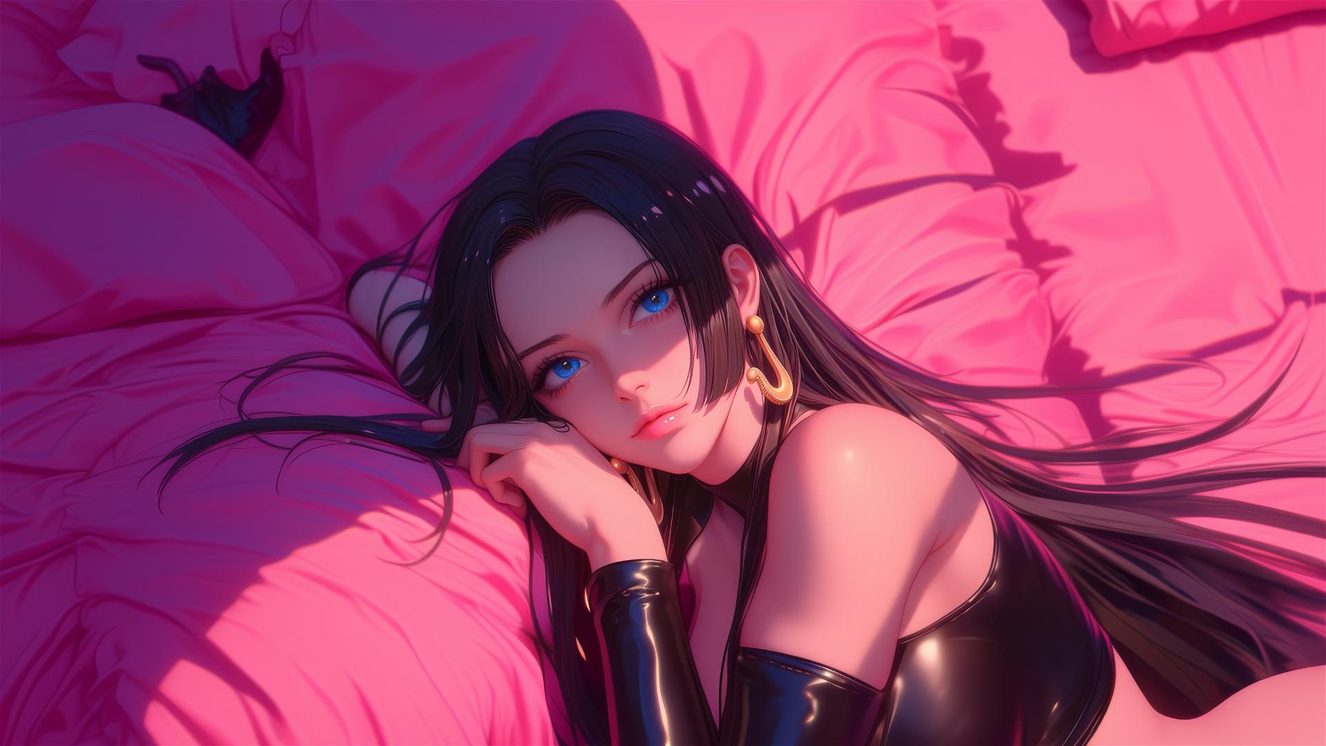 High-angle view of Boa Hancock in bed with neon pink backdrop