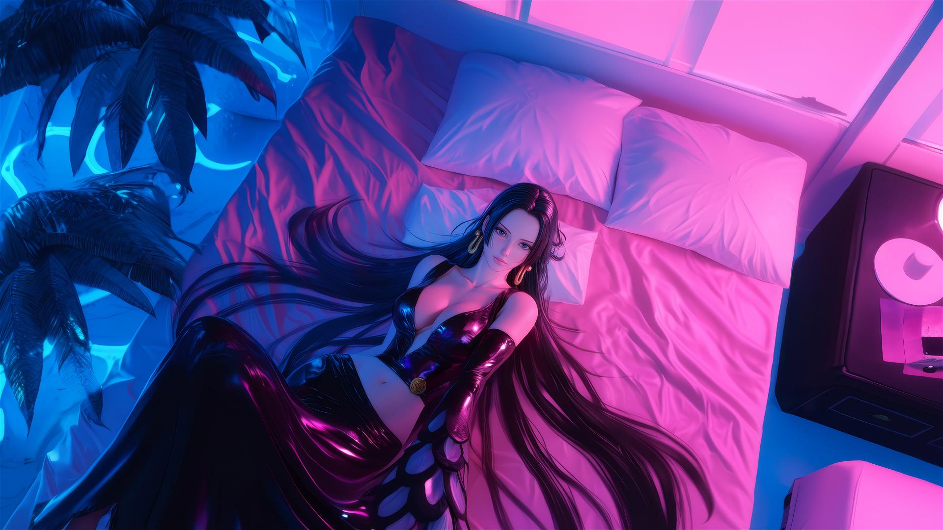 Boa Hancock in black and pink leather, in bed, with neon colors and pink background