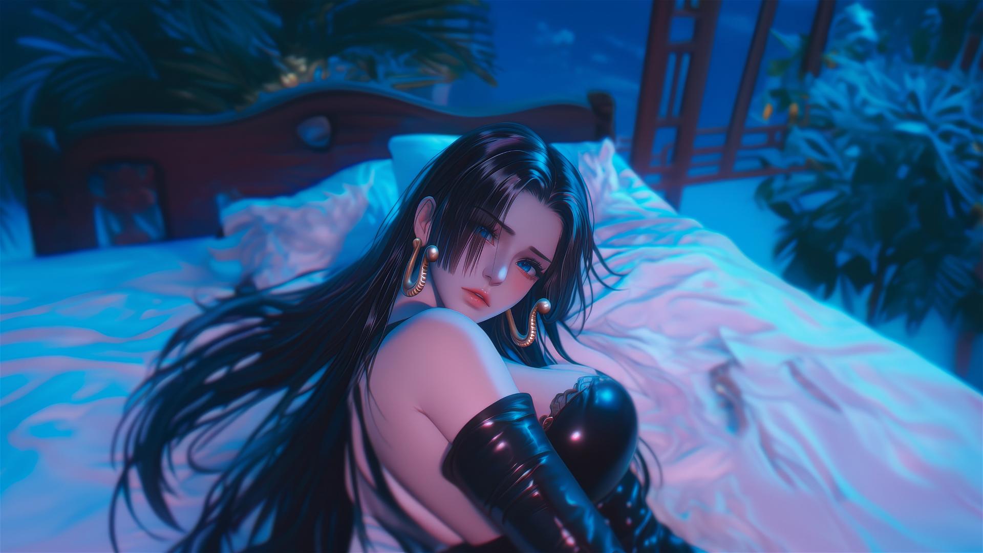 High angle view of Boa Hancock in bed with black and pink leather