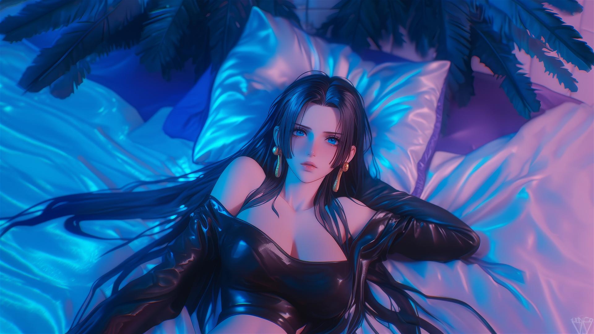 Boa Hancock in black and pink leather, in bed, neon colors, pink background