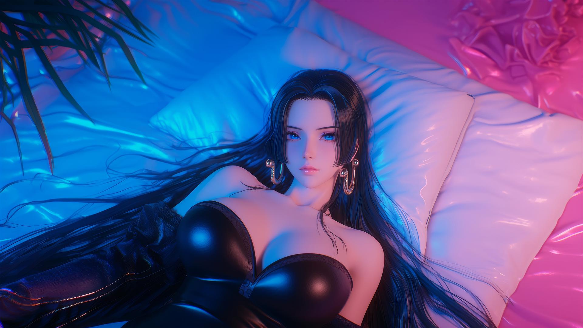 High angle of Boa Hancock from One Piece in bed, in black and pink leather, neon colors