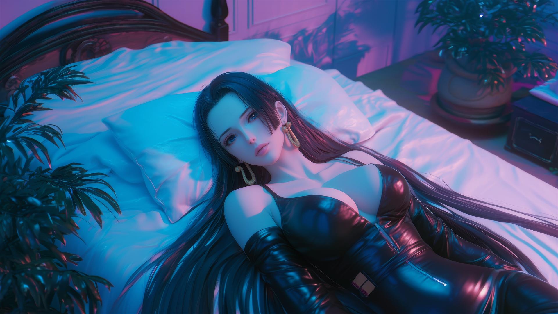 Boa Hancock in bed, black and pink leather outfit, neon, anime style.