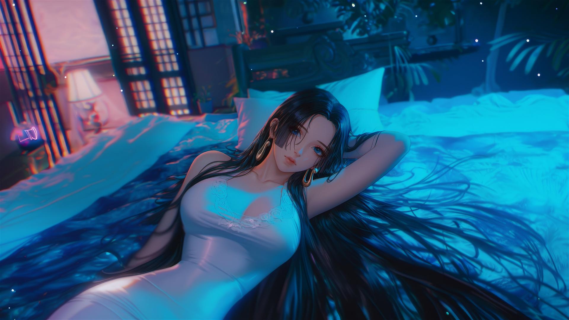 Boa Hancock from One Piece in bed, neon colors, pink background