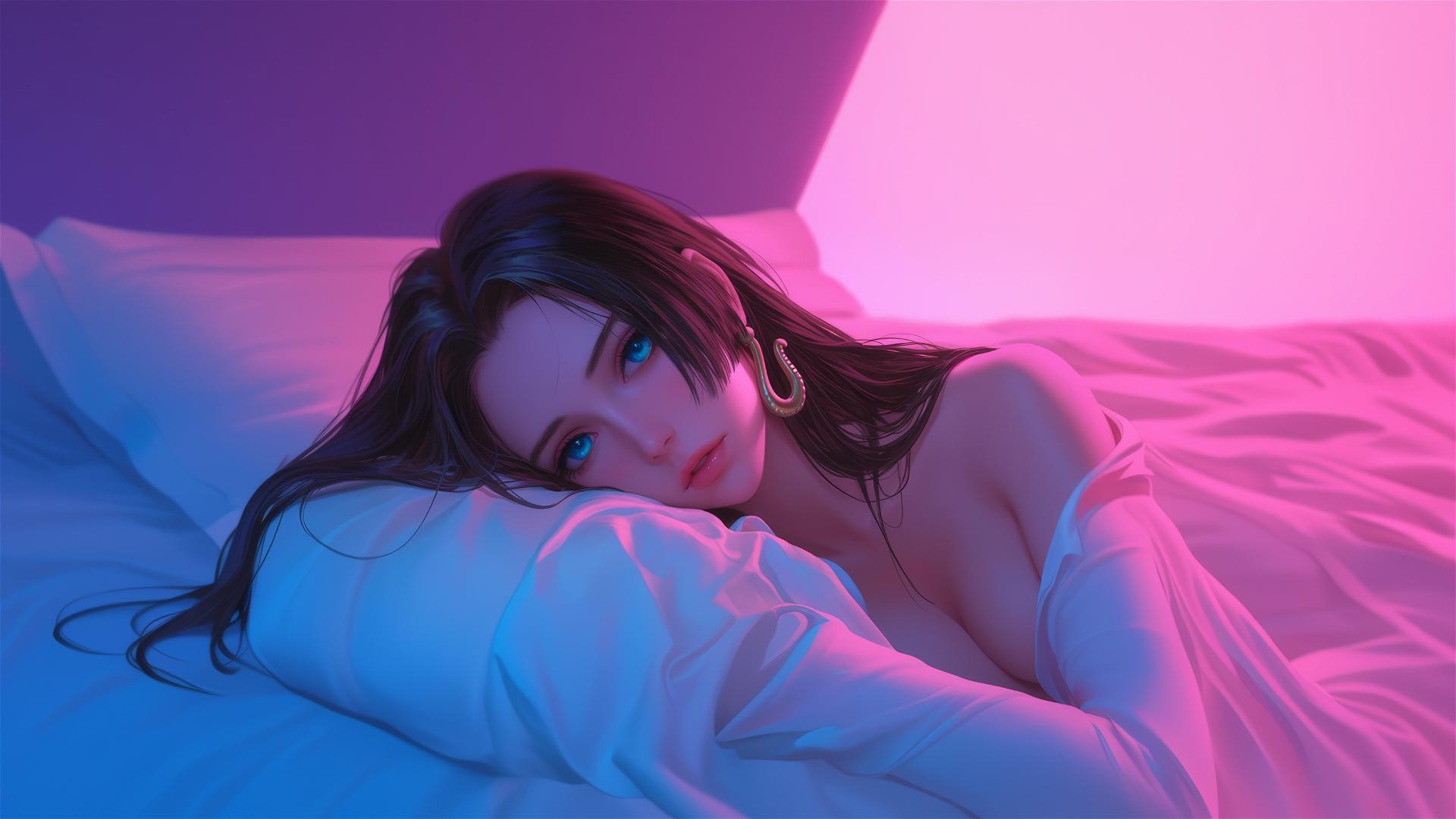 Boa Hancock from One Piece in bed, neon colors, pink background.
