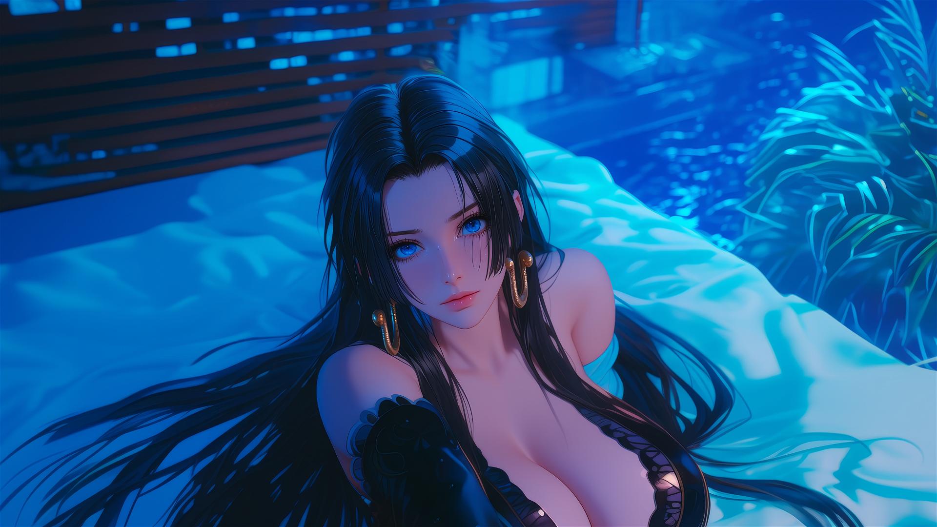 High angle of Boa Hancock from One Piece in bed, neon colors, pink background, high contrast, anime style, hyper realistic