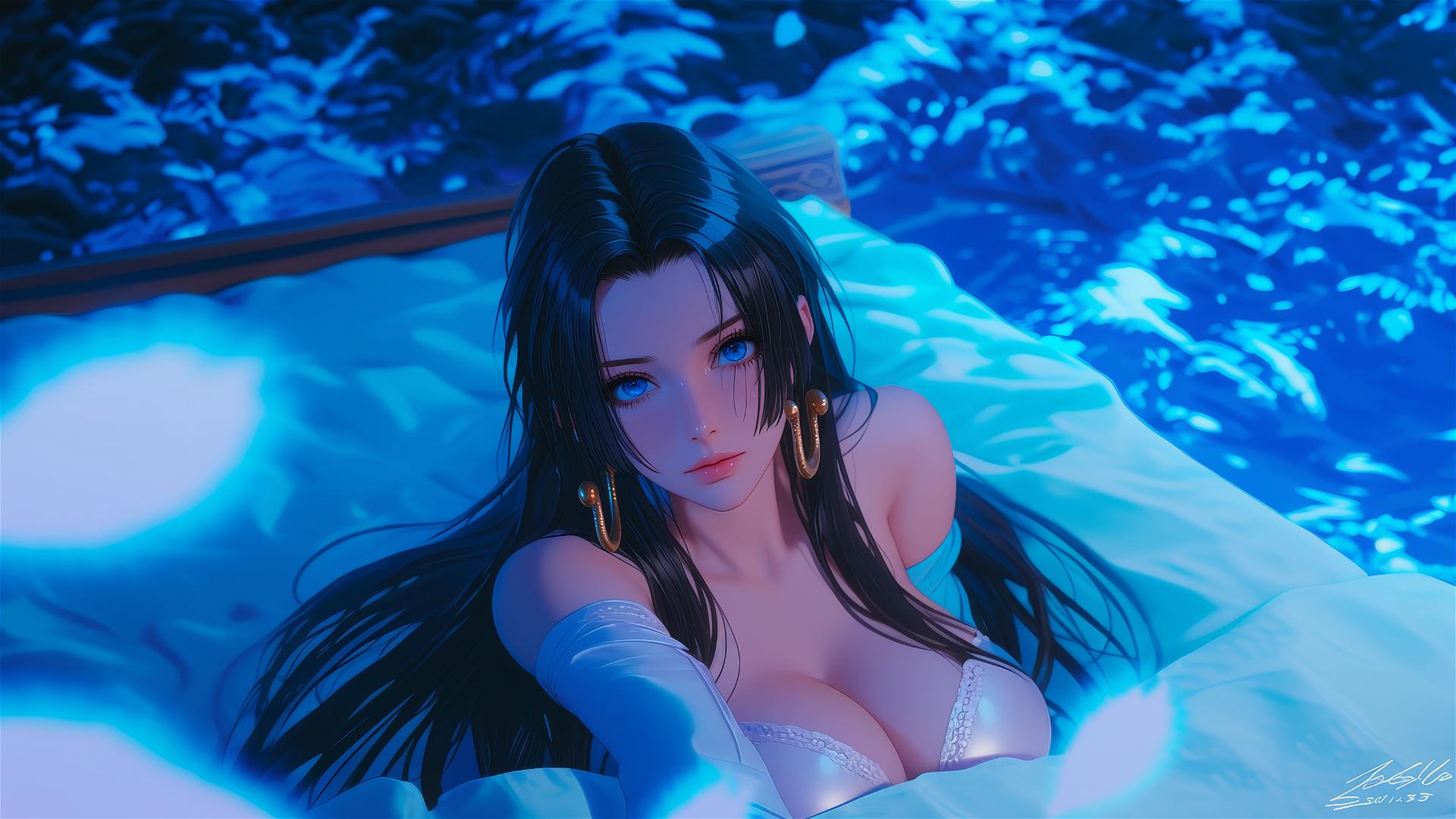 Hyper-realistic anime-style Boa Hancock on a pink neon bed