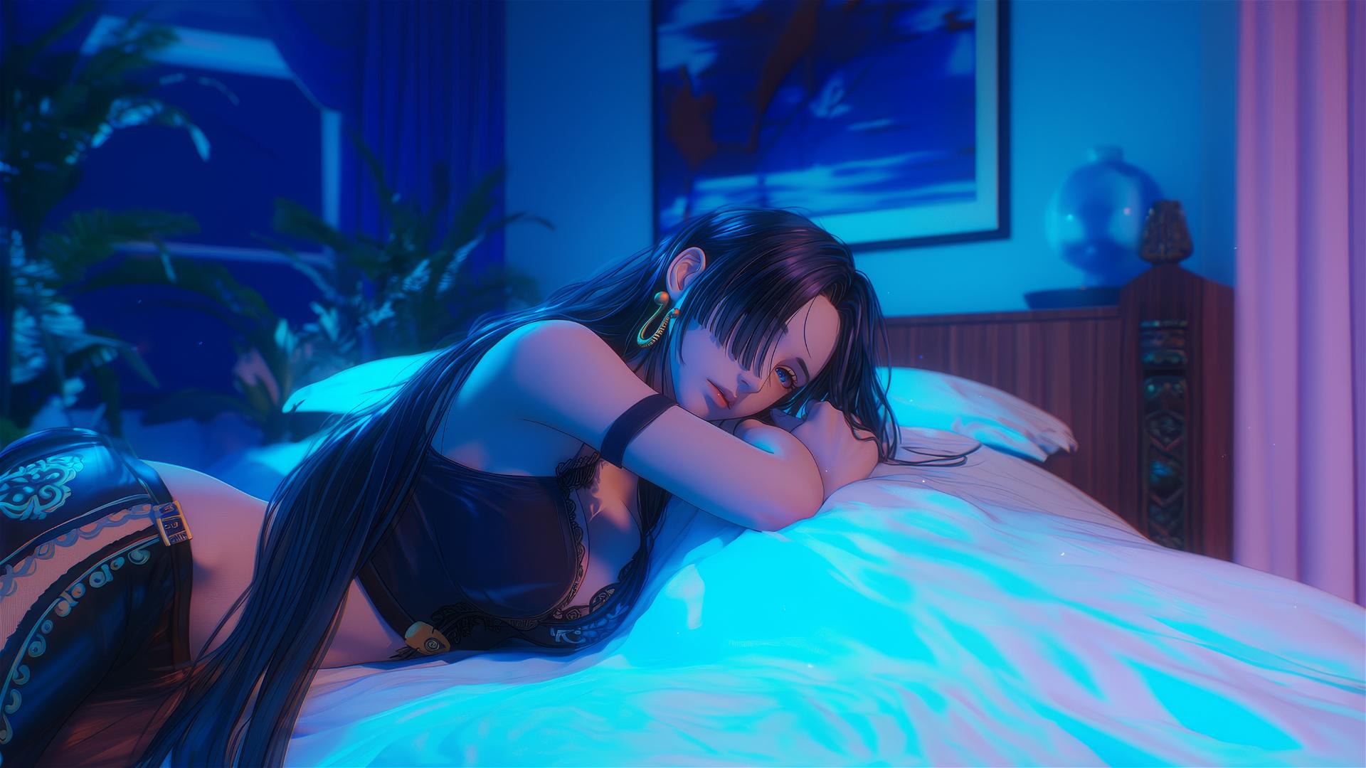 Boa Hancock from One Piece in bed with neon colors and a pink background