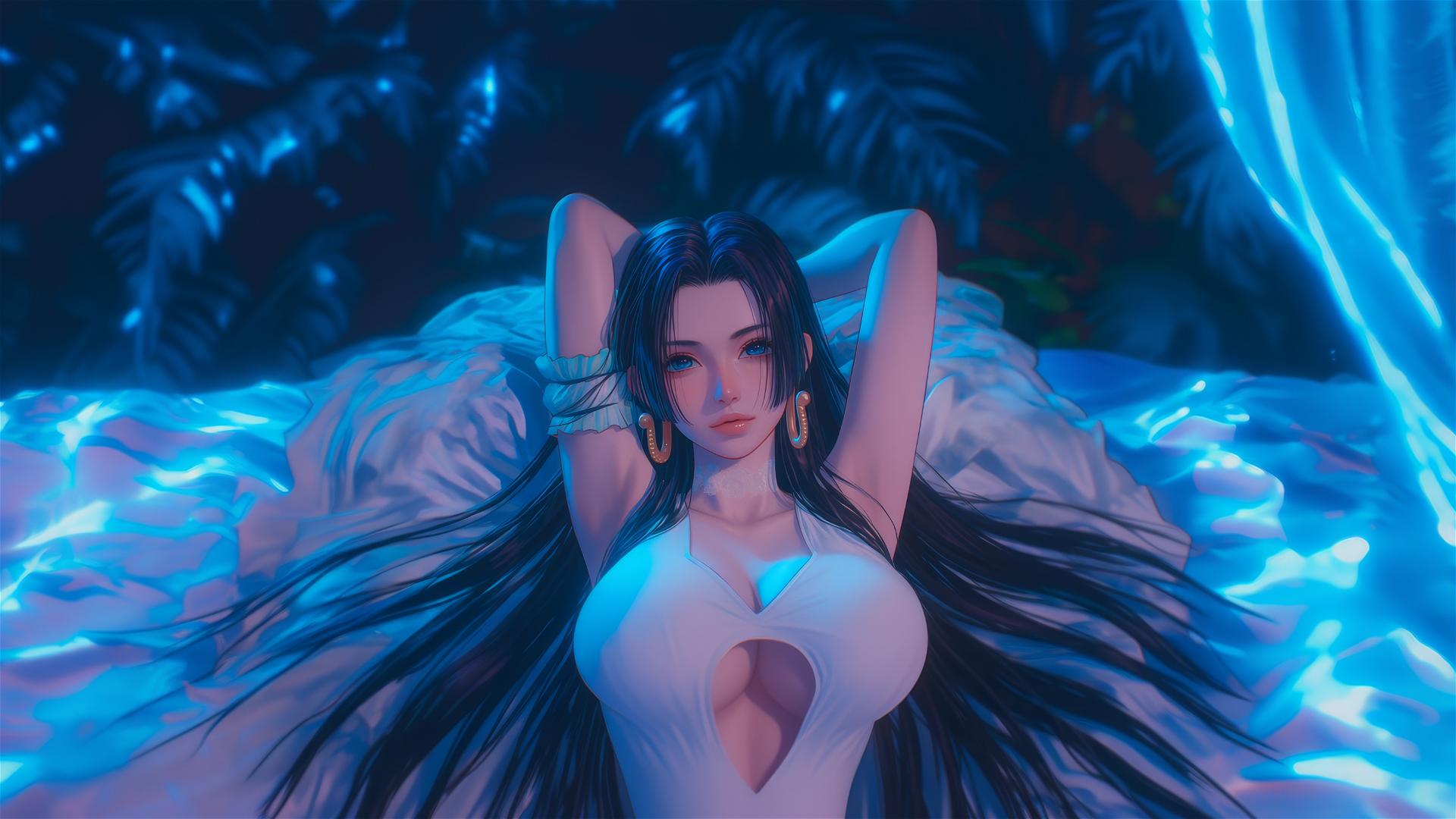 Boa Hancock from One Piece in bed, neon colors, pink background, anime style