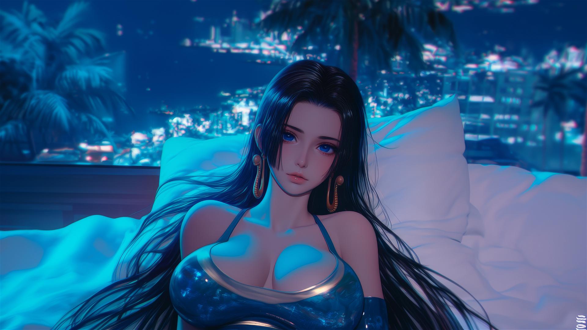 Boa Hancock from One Piece in bed, neon colors, pink background, anime style, high contrast