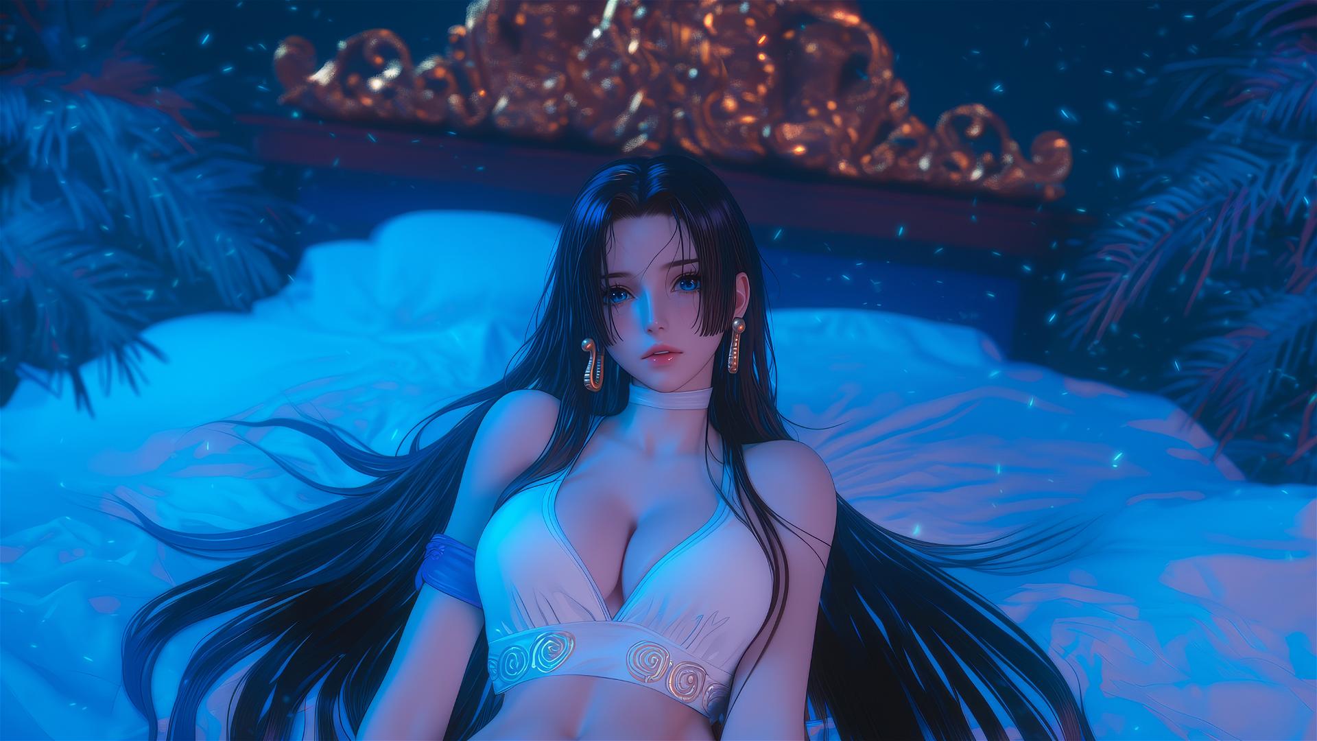 Anime-style hyper realistic image of Boa Hancock from One Piece in bed with neon colors and pink background