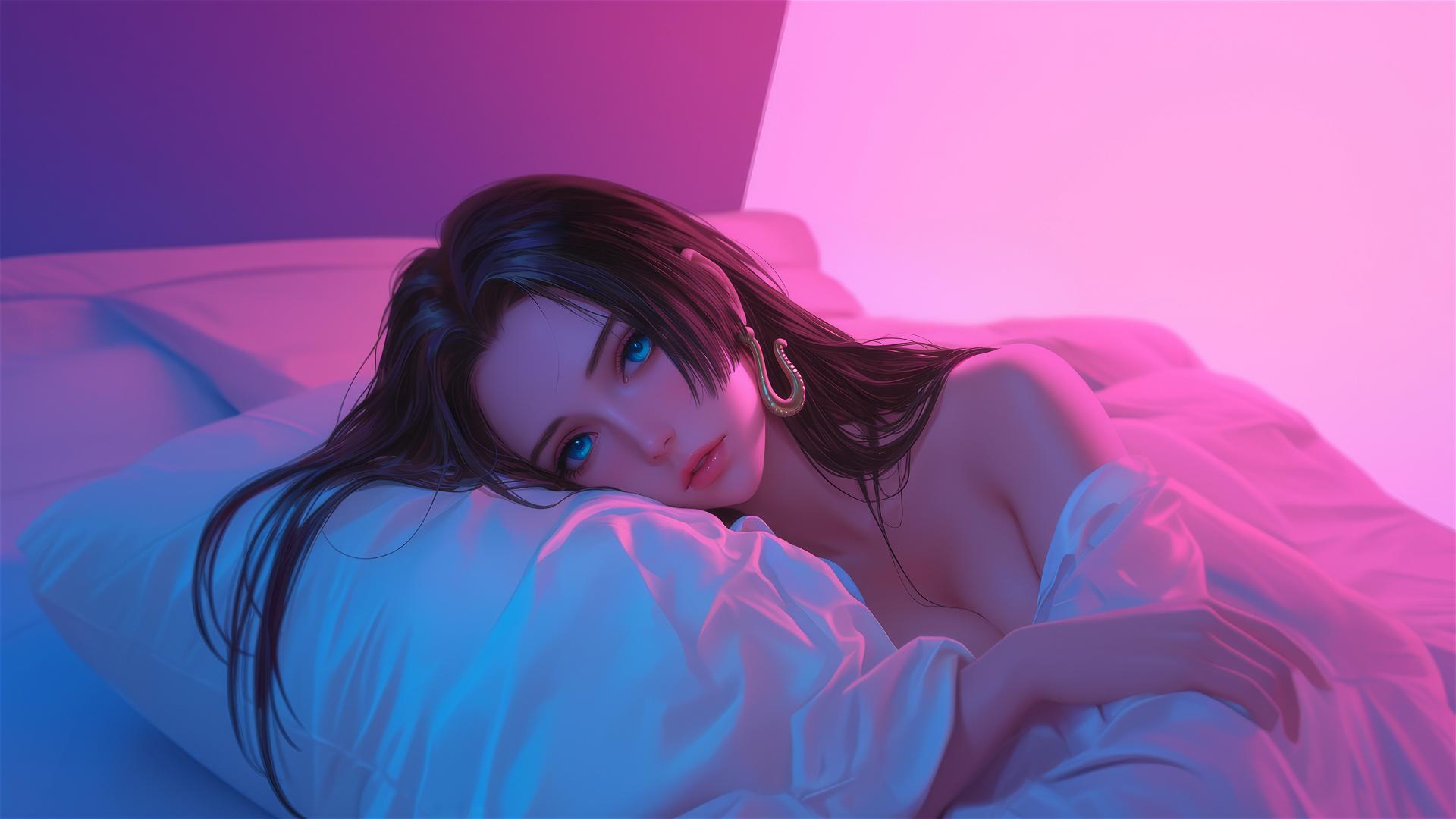 Hyper-realistic high angle view of Boa Hancock in bed with neon colors and pink background