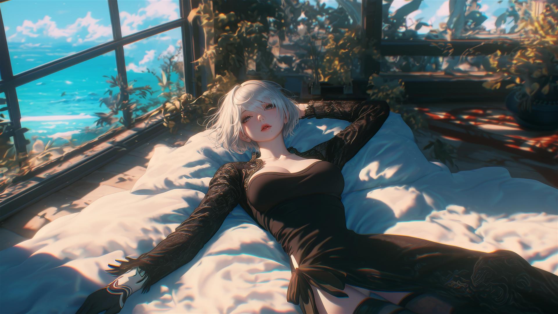 High angle view of 2B from Nier in bed, relaxed posture, short hair.