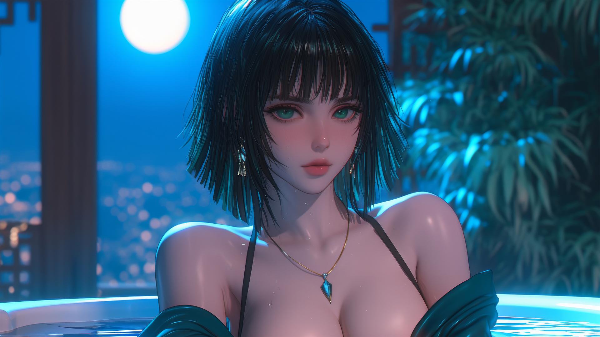 Fubuki from One Punch Man resting in a tub under moonlight with green hair and eyes.