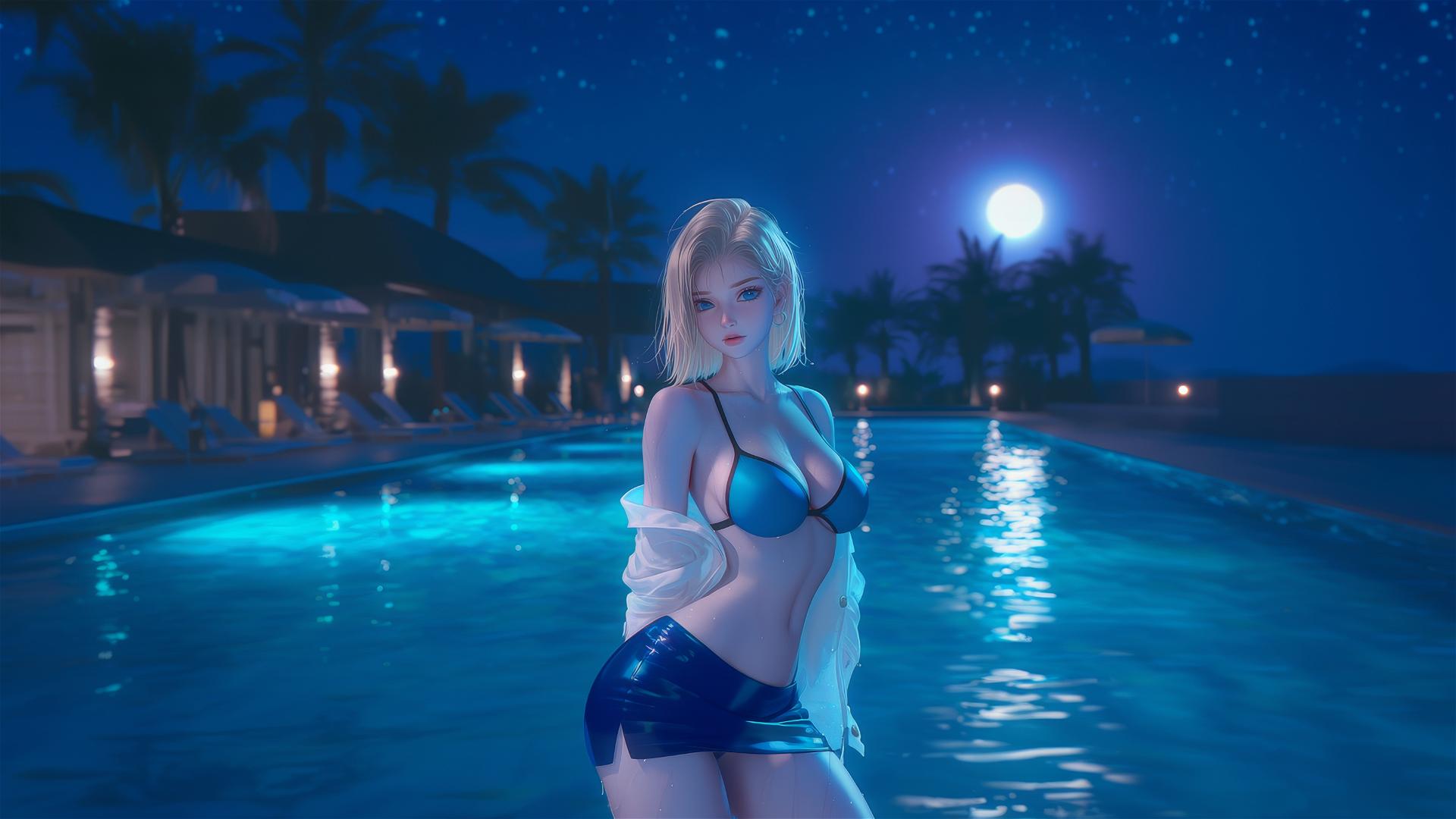 Android 18 resting by a pool under moonlight