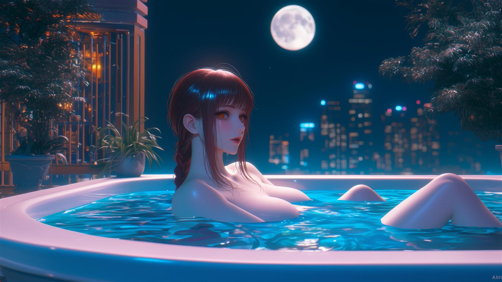 Makima from Chainsaw Man relaxing in a bathtub with moonlight casting a glow on her.