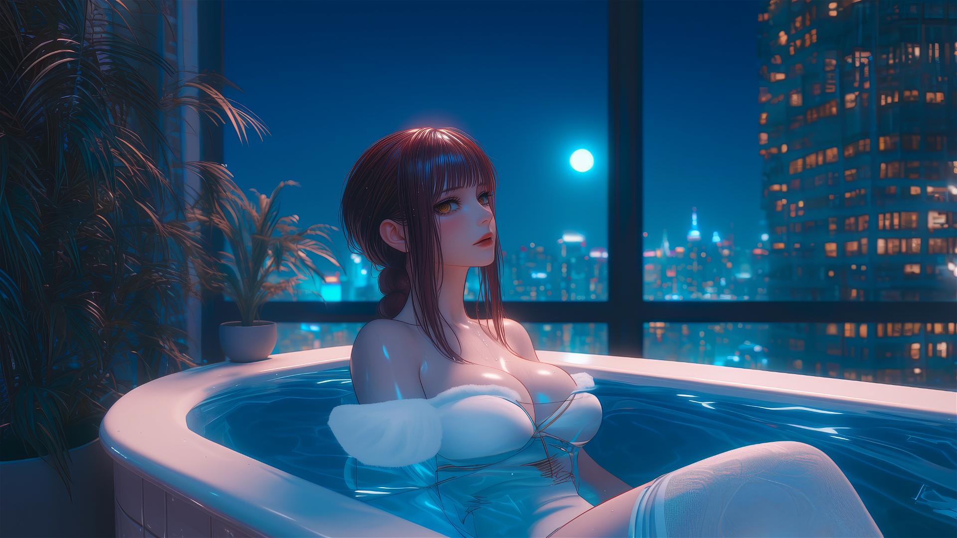 Makima from Chainsaw Man resting in a tub, moonlight glowing on her red hair