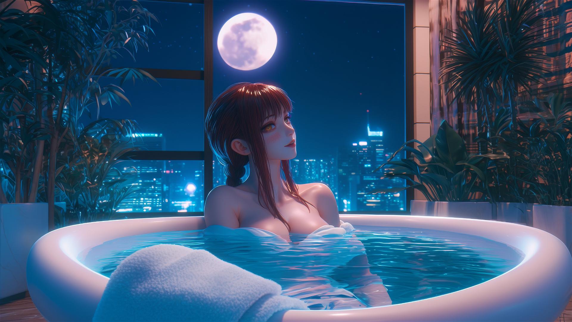 Makima from Chainsaw Man resting in a tub under moonlight with red hair.