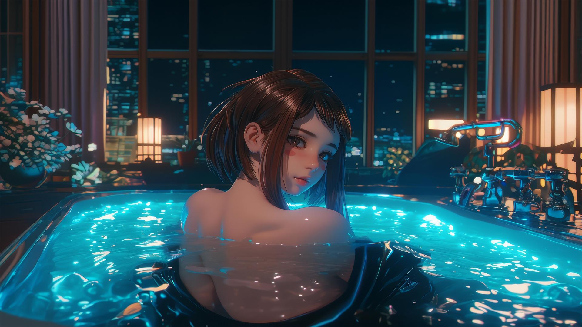 Ochaco Uraraka resting in a bathtub with warm light, auburn hair, and pink blush.