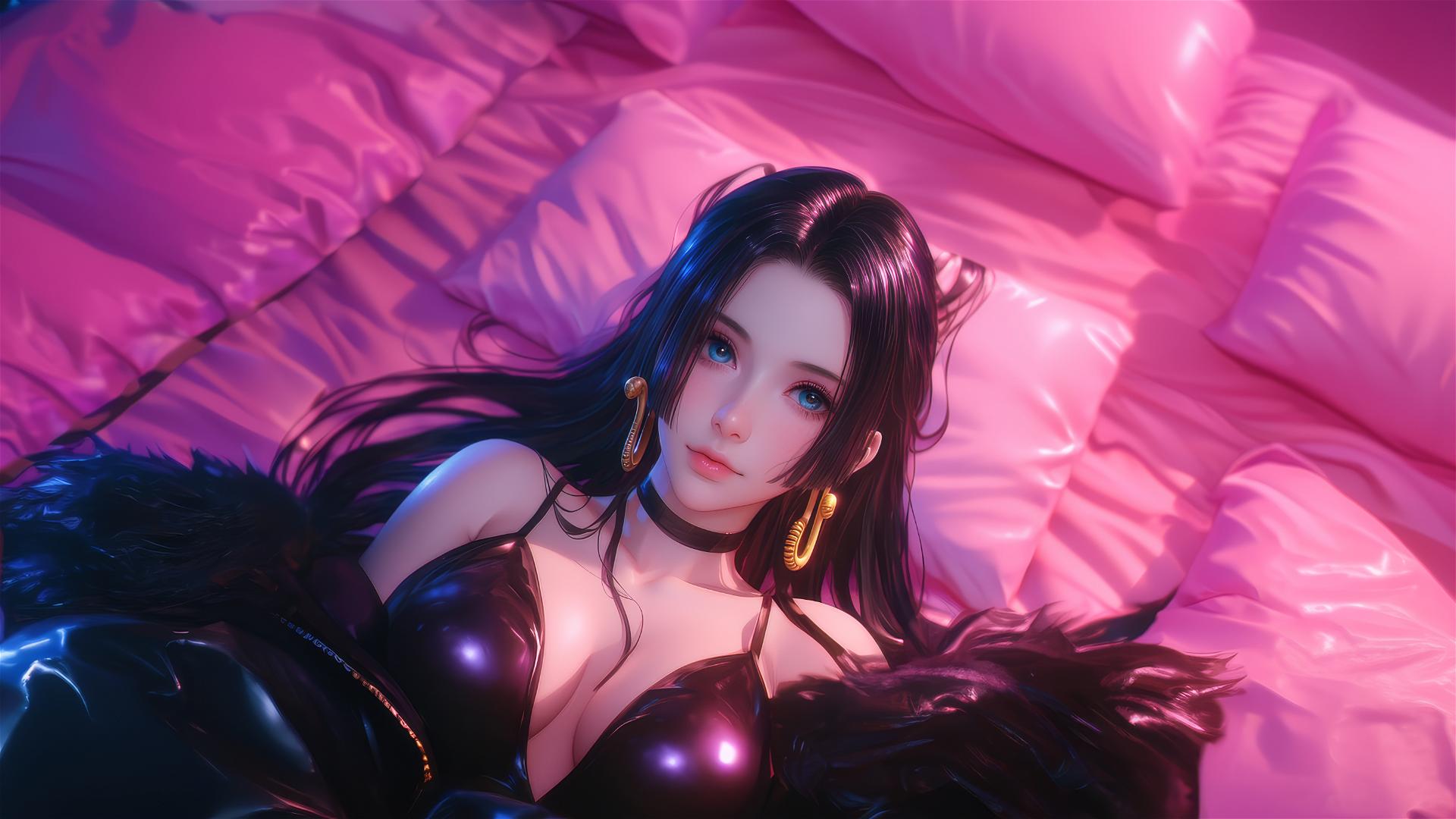 Boa Hancock from One Piece in bed with black and pink leather, gold earrings.