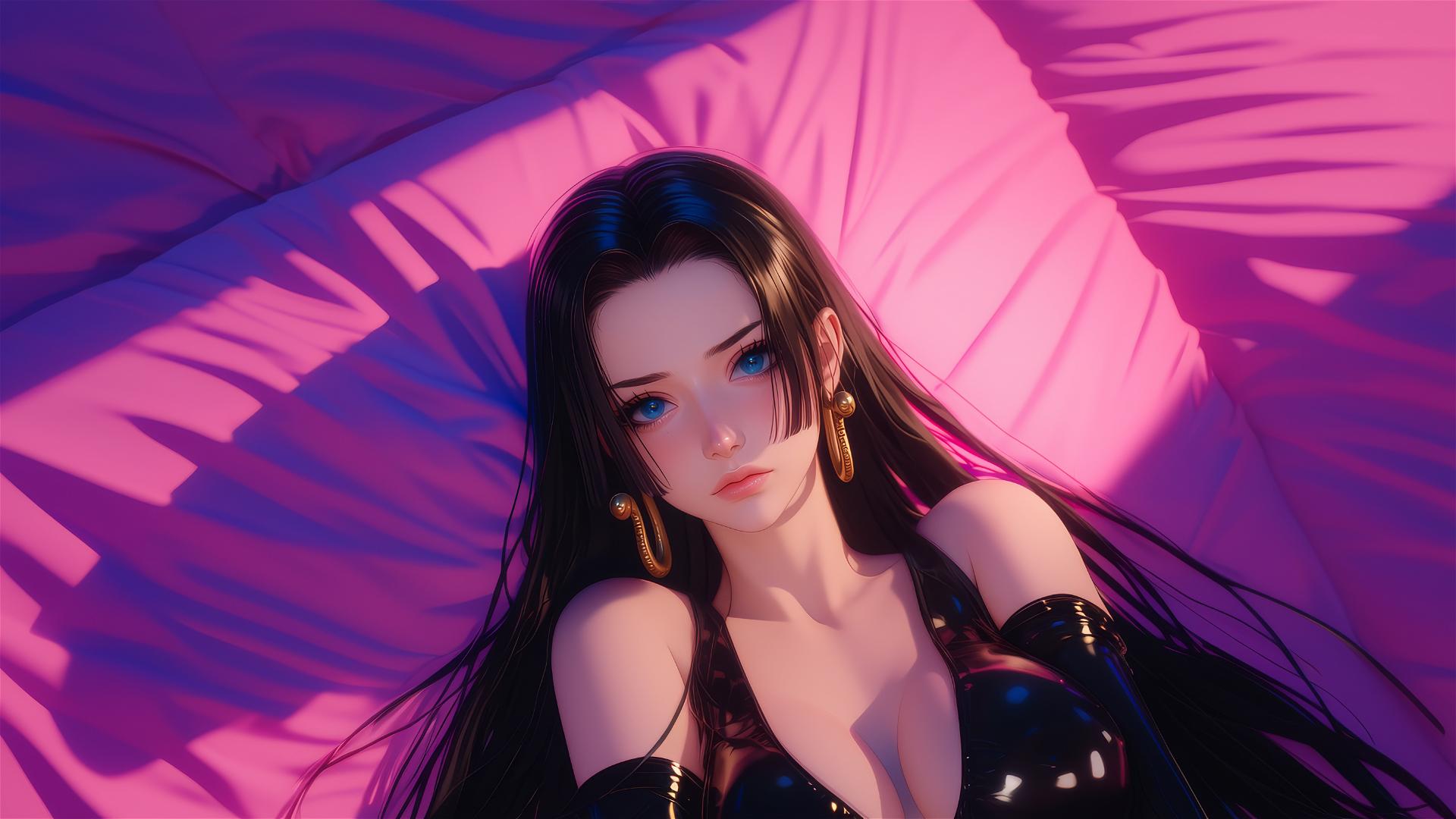 Boa Hancock from One Piece in bed, wearing black and pink leather, with long hair and gold earrings, neon colors, pink background.