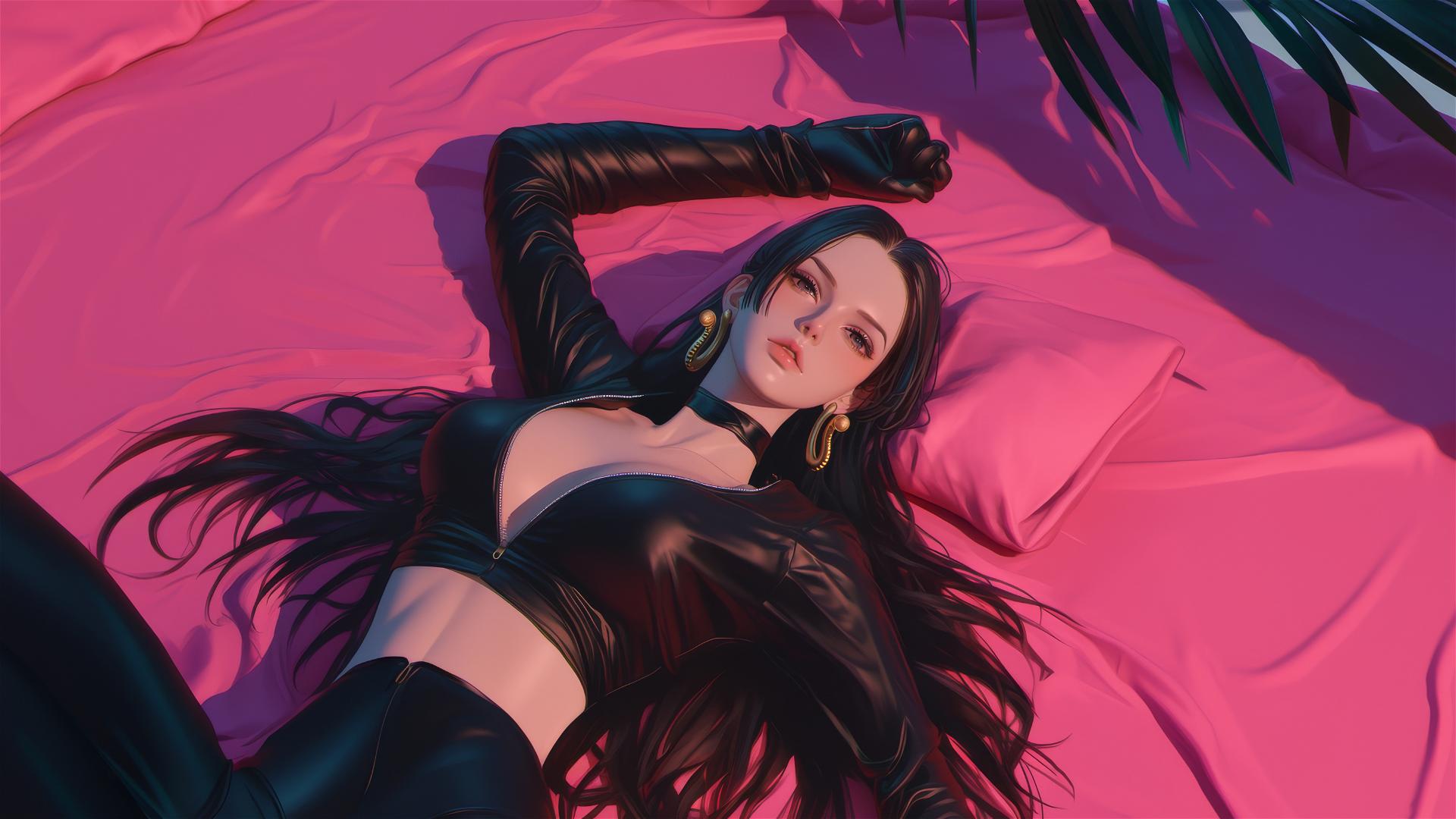 High-angle view of Boa Hancock from One Piece in bed, wearing black and pink leather, gold earrings, neon colors, pink background, high contrast, anime-style, hyper realistic.