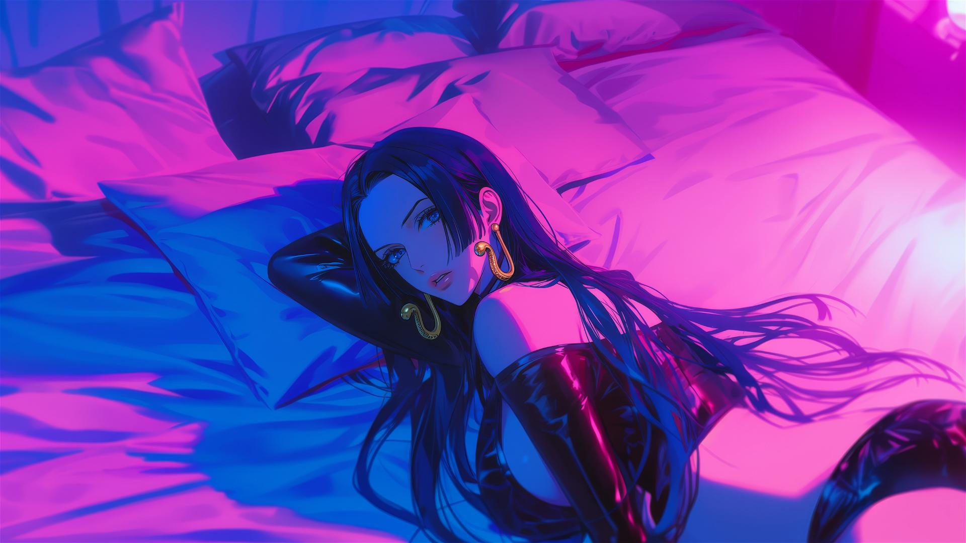 Boa Hancock from One Piece in black and pink leather, neon pink background