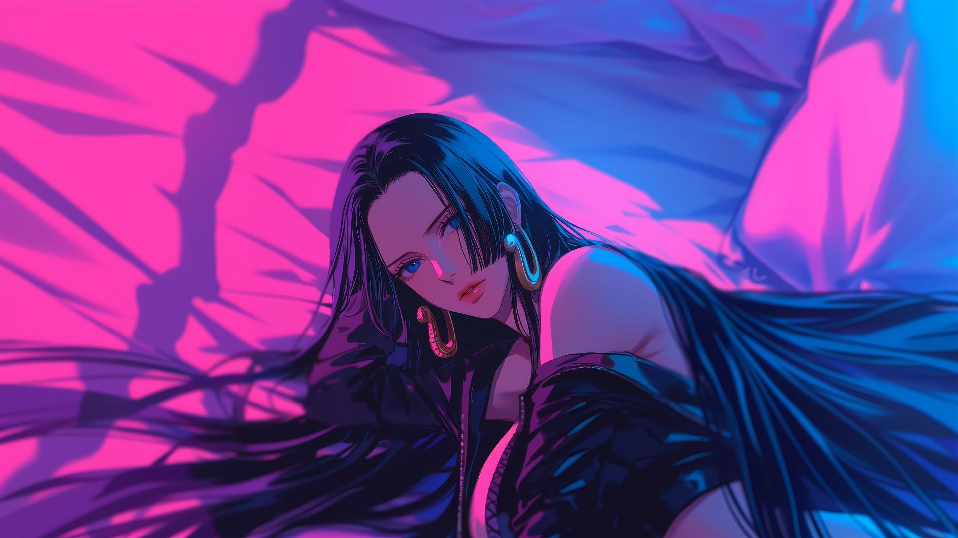 Boa Hancock in black and pink leather on pink bed, high contrast